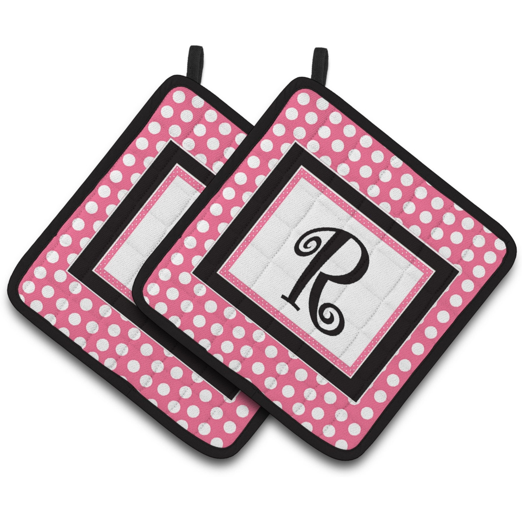 &quotCaroline's Treasures Letter R Monogram - Pink black Polka Dots Pair of Pot Holders CJ1001-RPTHD, 7.5HX7.5W, Multicolor"