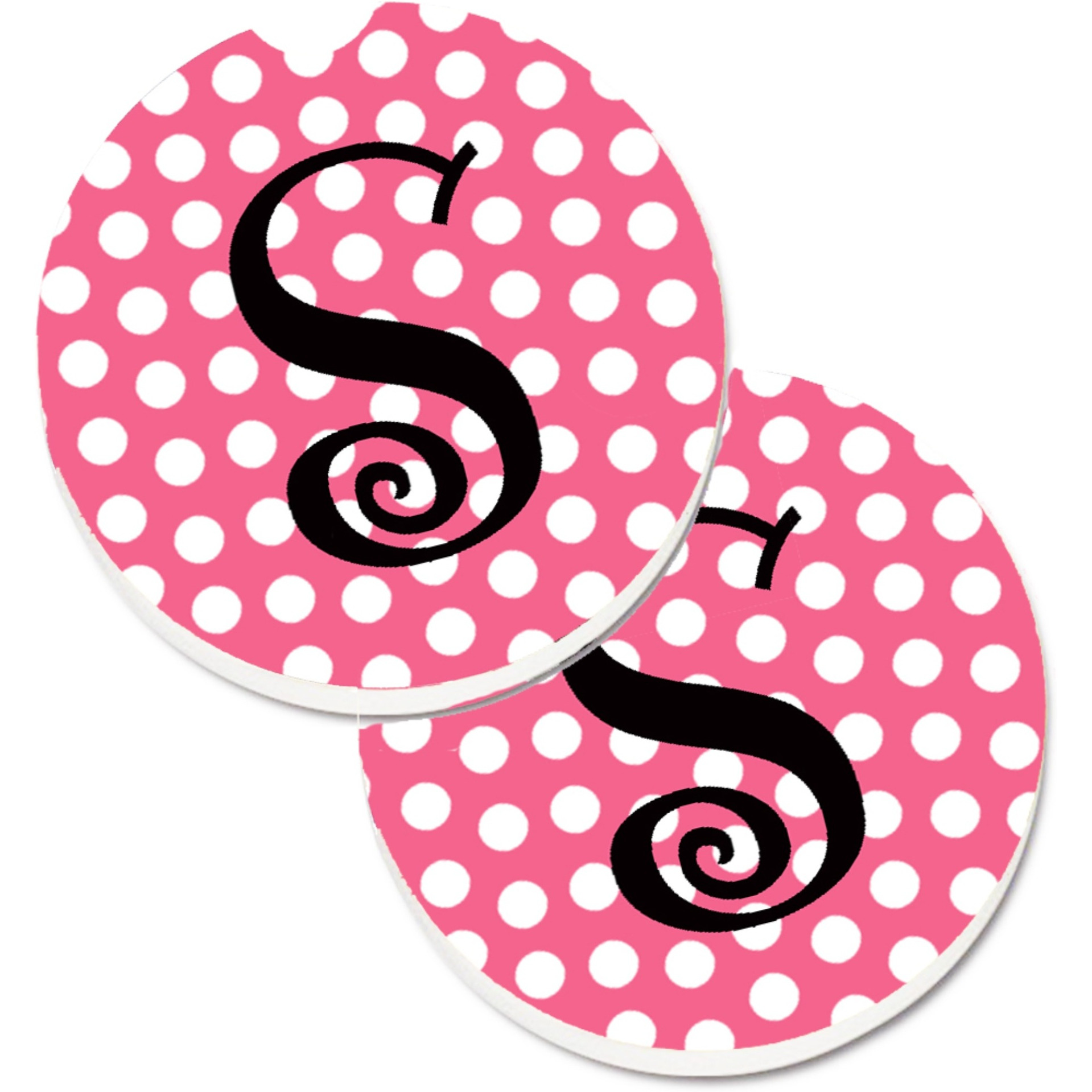 &quotCaroline's Treasures Letter S Monogram - Pink black Polka Dots Set of 2 Cup Holder Car Coasters CJ1001-SCARC, 2.56, Multicolor"