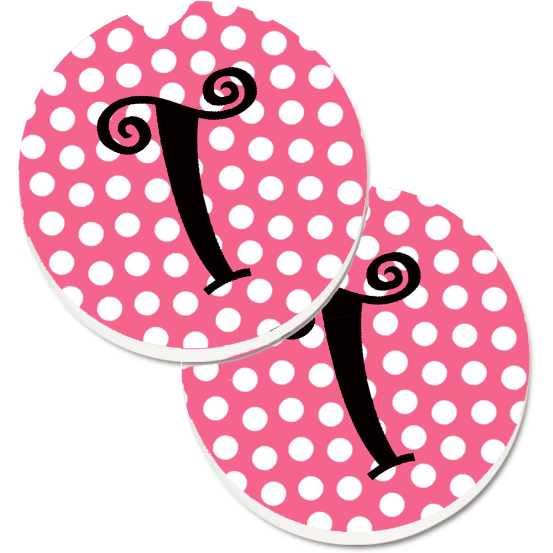&quotCaroline's Treasures Letter T Monogram - Pink black Polka Dots Set of 2 Cup Holder Car Coasters CJ1001-TCARC, 2.56, Multicolor"