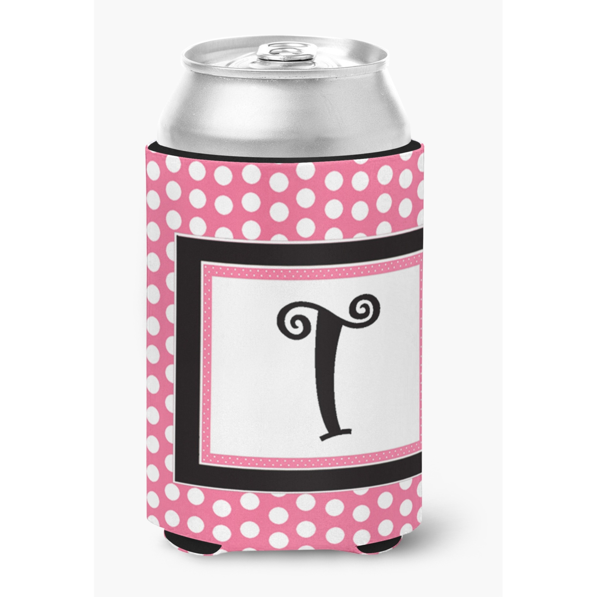 Letter T Initial Monogram - Pink Black Polka Dots Can or Bottle Beverage Insulator Hugger