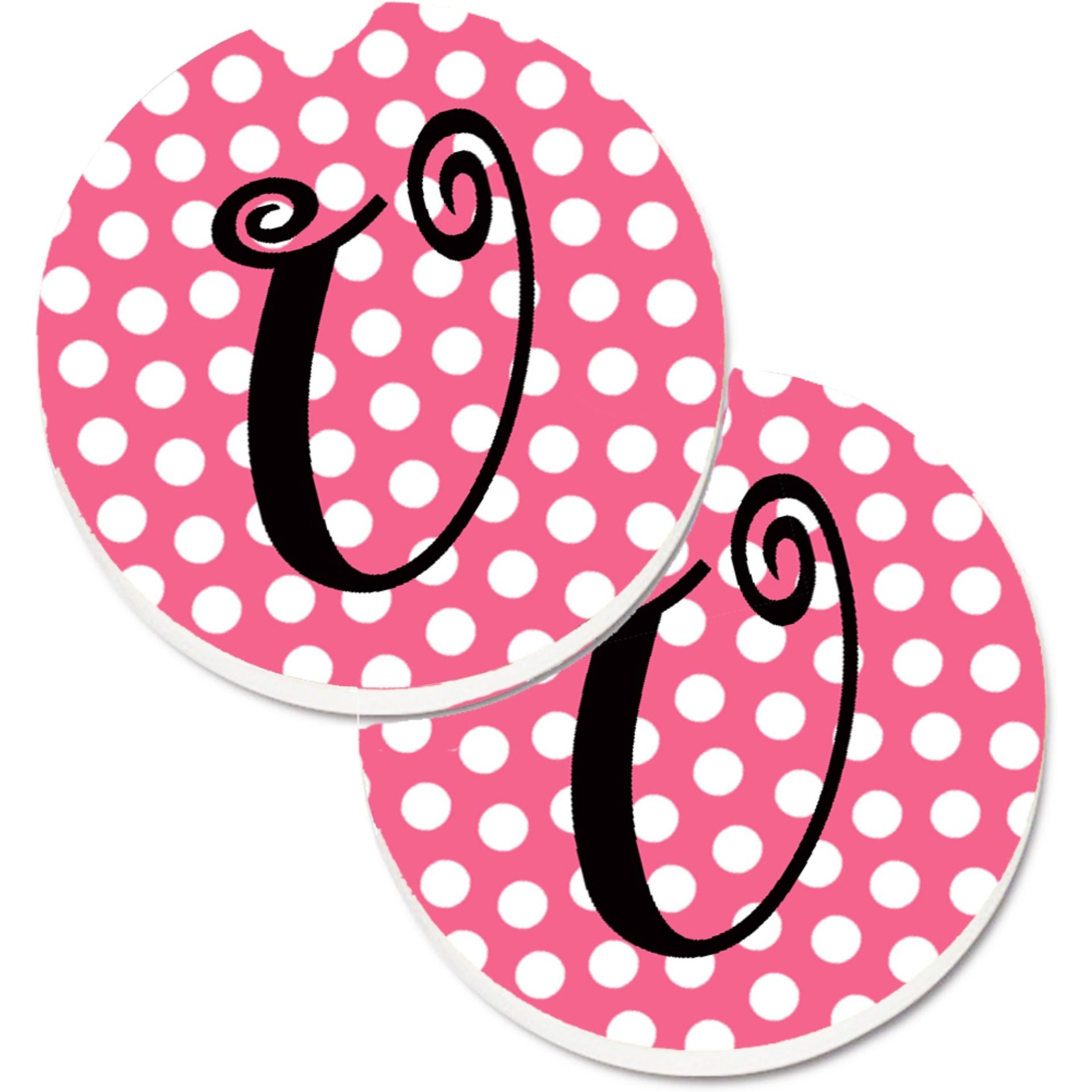 &quotCaroline's Treasures Letter U Monogram - Pink black Polka Dots Set of 2 Cup Holder Car Coasters CJ1001-UCARC, 2.56, Multicolor"