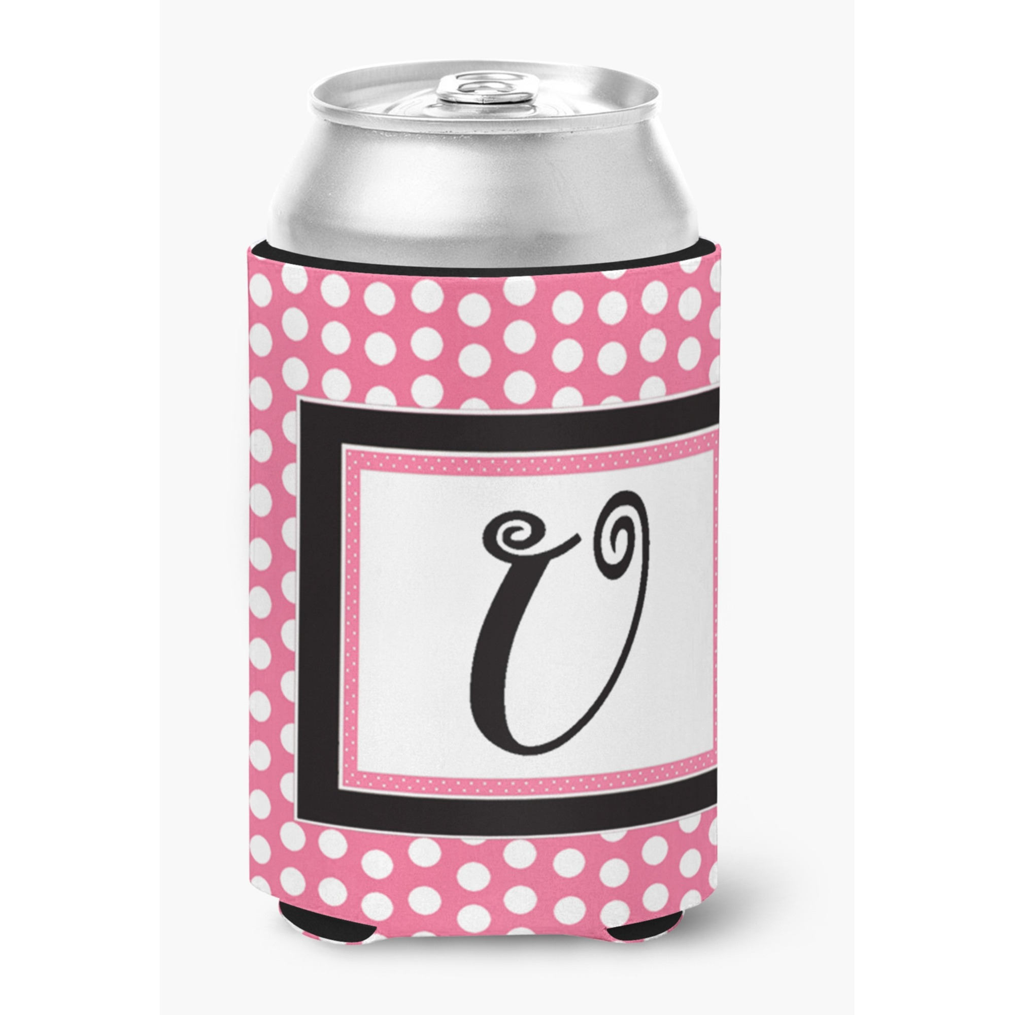 Letter U Initial Monogram - Pink Black Polka Dots Can or Bottle Beverage Insulator Hugger
