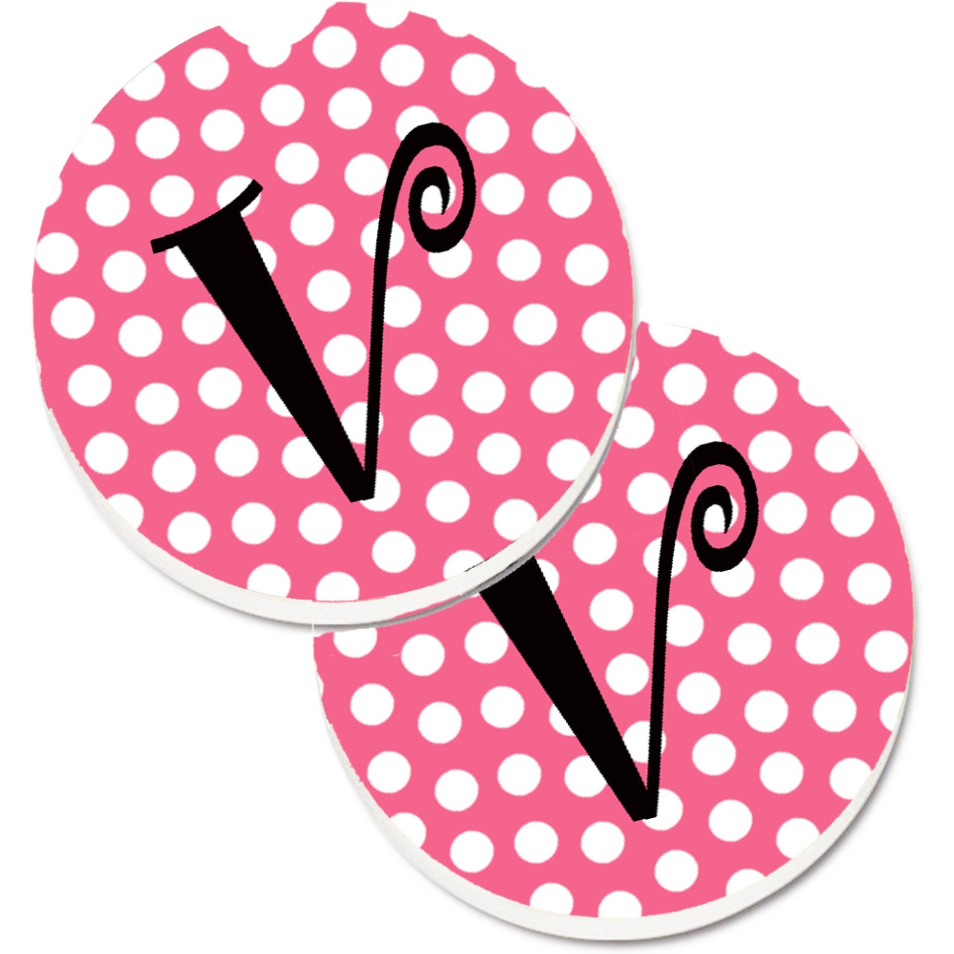 &quotCaroline's Treasures Letter V Monogram - Pink black Polka Dots Set of 2 Cup Holder Car Coasters CJ1001-VCARC, 2.56, Multicolor"