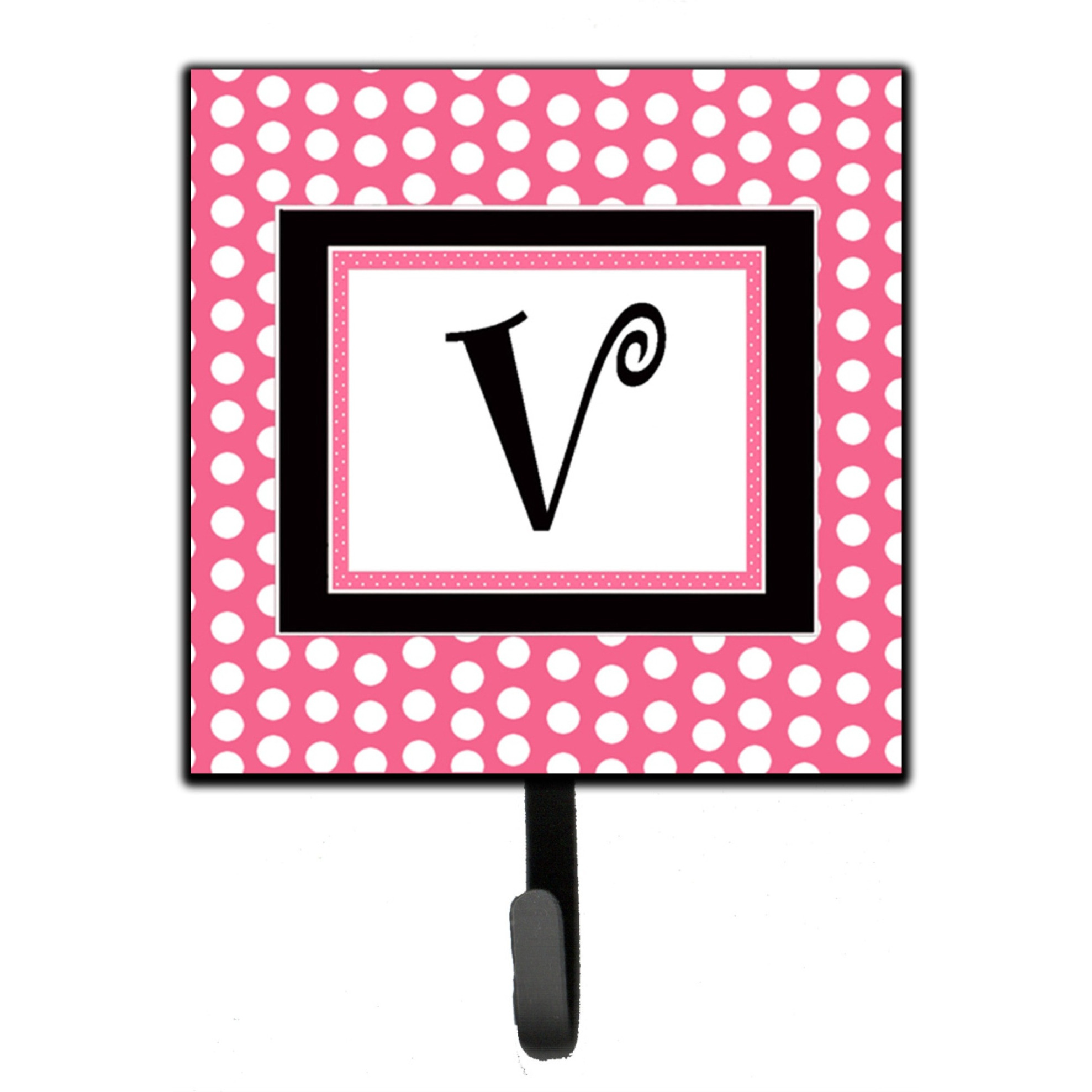 &quotCaroline's Treasures CJ1001-VSH4 Letter V Initial Monogram-Pink Black Polka Dots Leash Holder or Key Hook, Small, Multicolor"