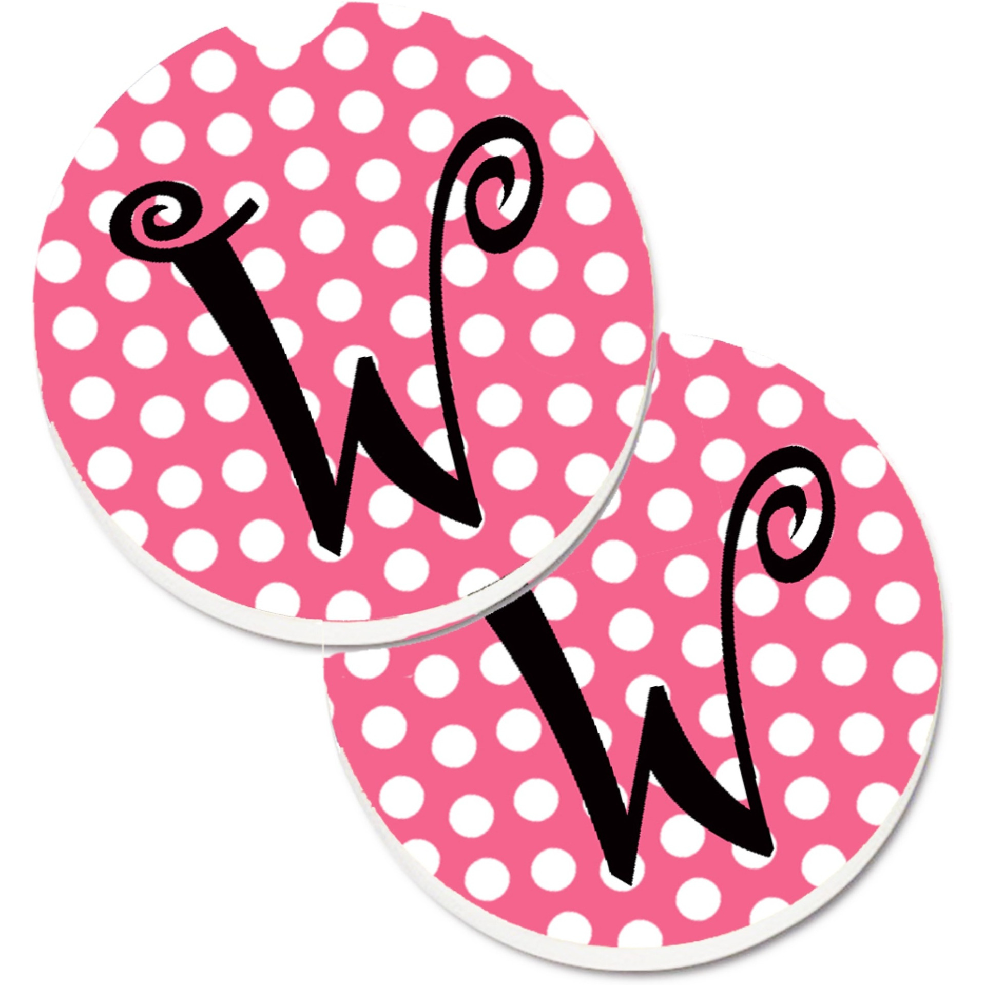 &quotCaroline's Treasures Letter W Monogram - Pink black Polka Dots Set of 2 Cup Holder Car Coasters CJ1001-WCARC, 2.56, Multicolor"