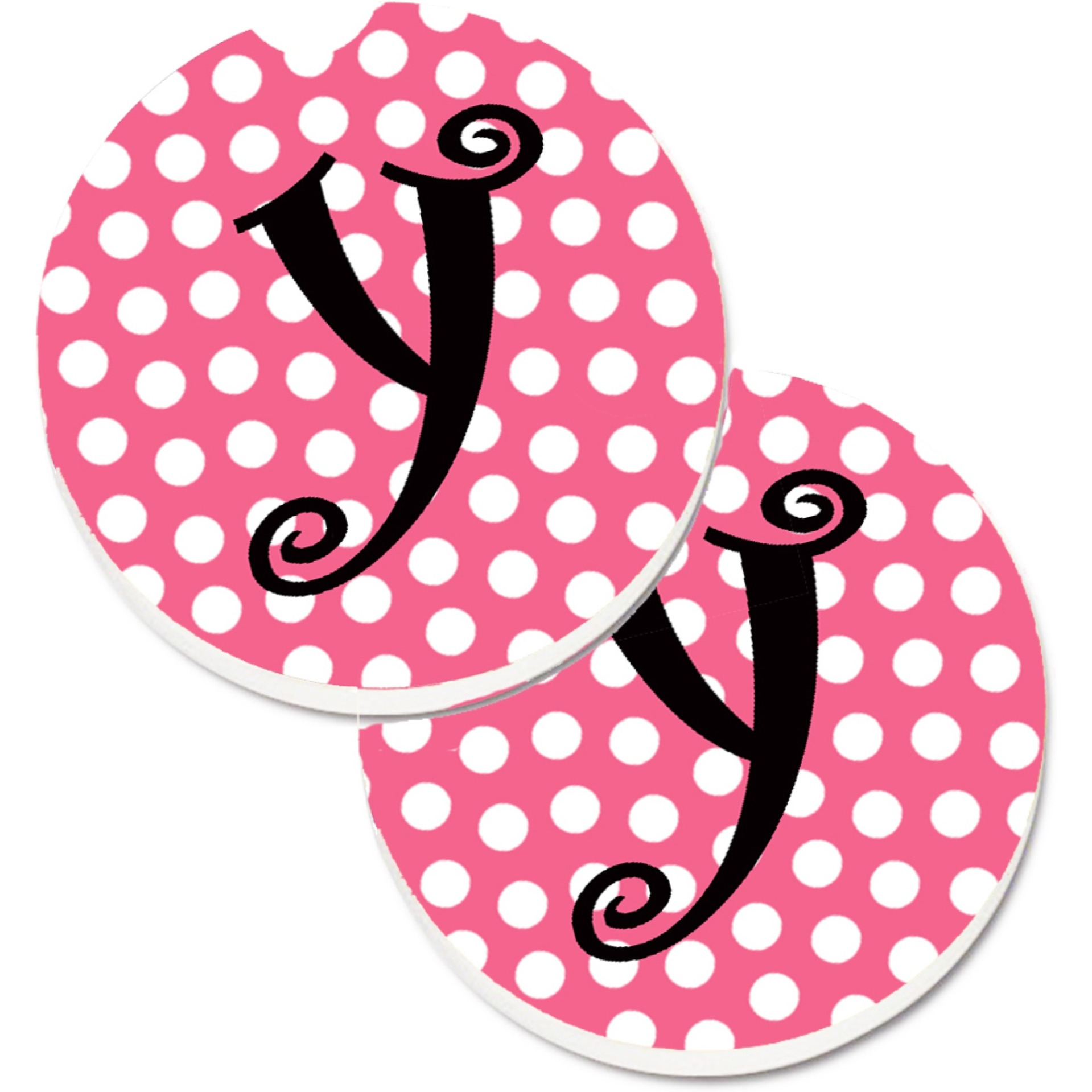 &quotCaroline's Treasures Letter Y Monogram - Pink black Polka Dots Set of 2 Cup Holder Car Coasters CJ1001-YCARC, 2.56, Multicolor"