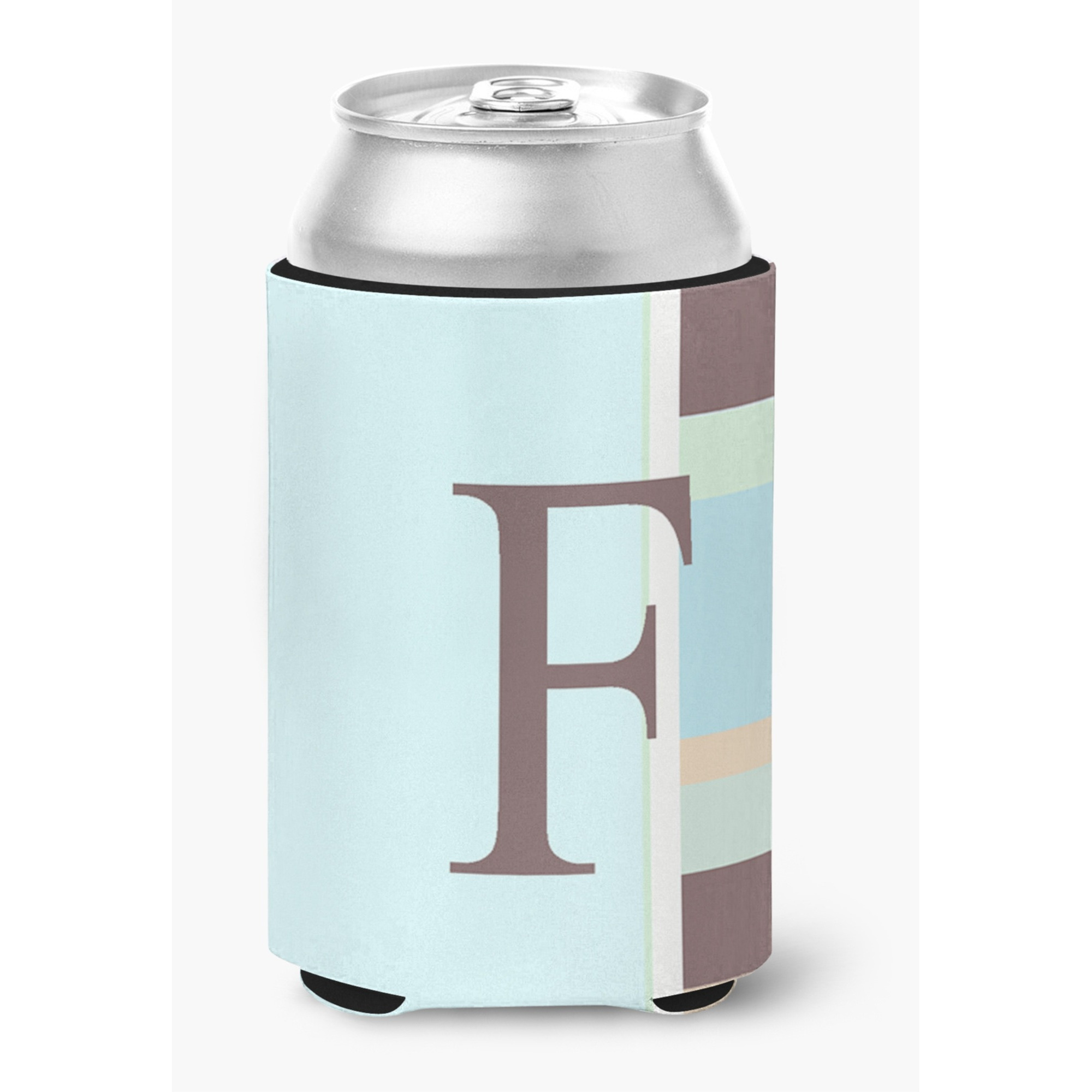Letter F Initial Monogram - Blue Stripes Can or Bottle Beverage Insulator Hugger