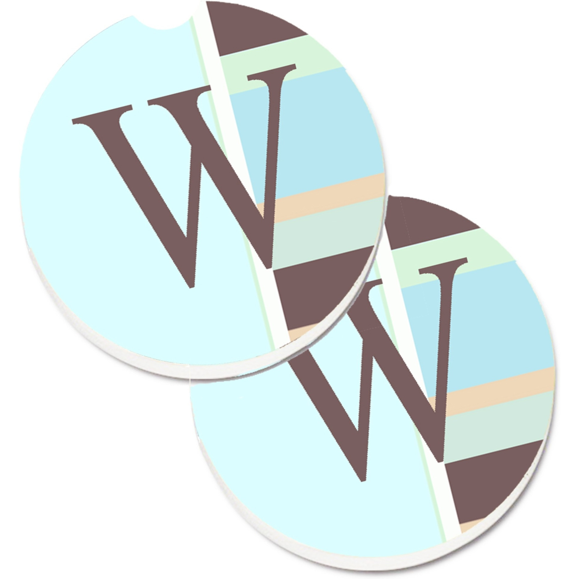&quotCaroline's Treasures Letter W Initial Monogram - Blue Stripes Set of 2 Cup Holder Car Coasters CJ1003-WCARC, 2.56, Multicolor"