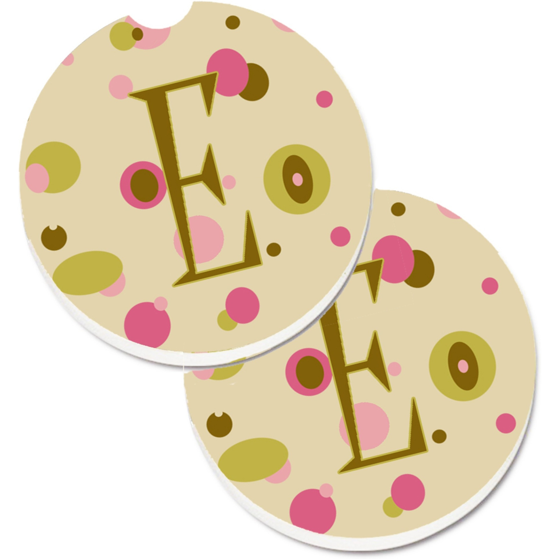 &quotCaroline's Treasures Letter E Initial Monogram - Tan Dots Set of 2 Cup Holder Car Coasters CJ1004-ECARC, 2.56, Multicolor"