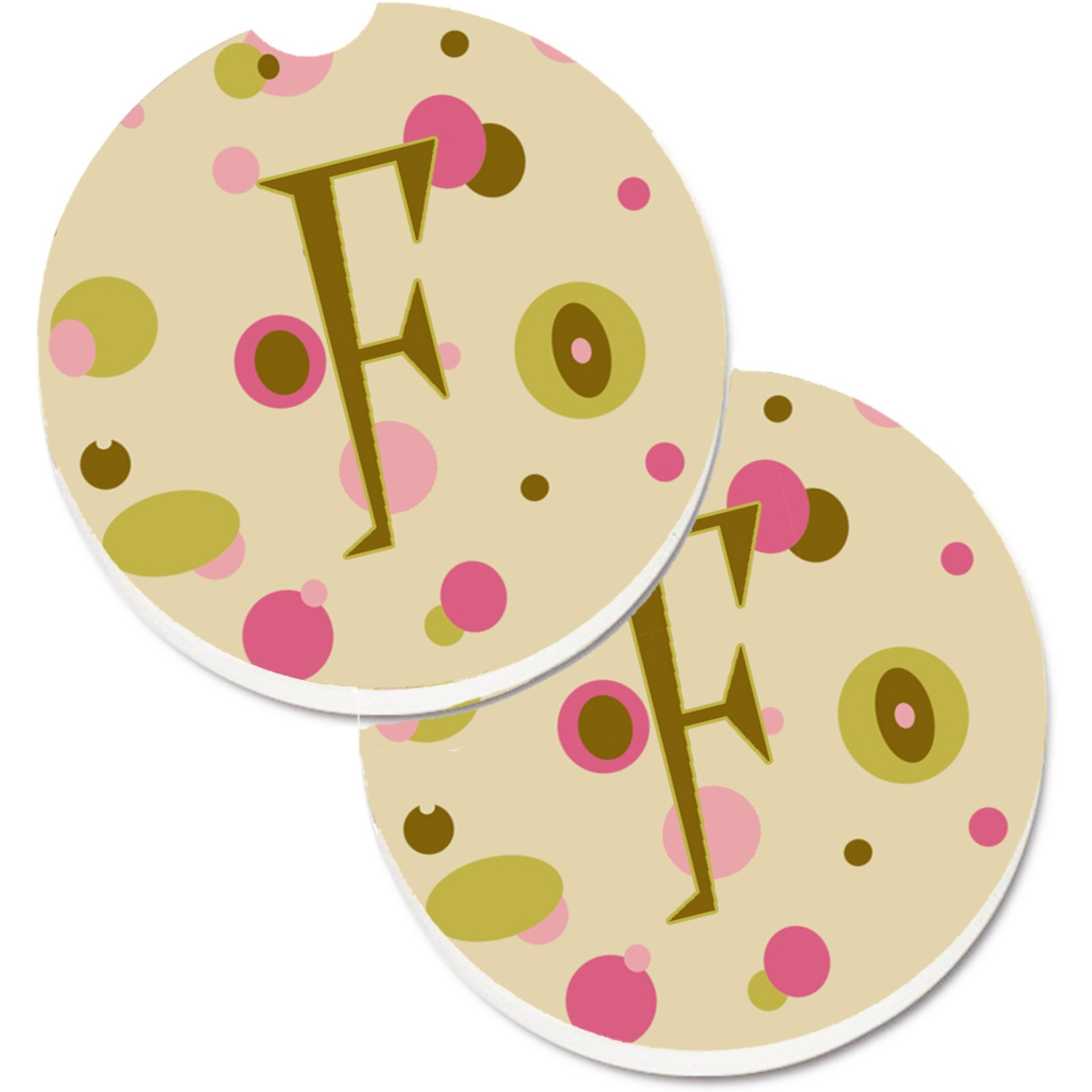 &quotCaroline's Treasures Letter F Initial Monogram - Tan Dots Set of 2 Cup Holder Car Coasters CJ1004-FCARC, 2.56, Multicolor"