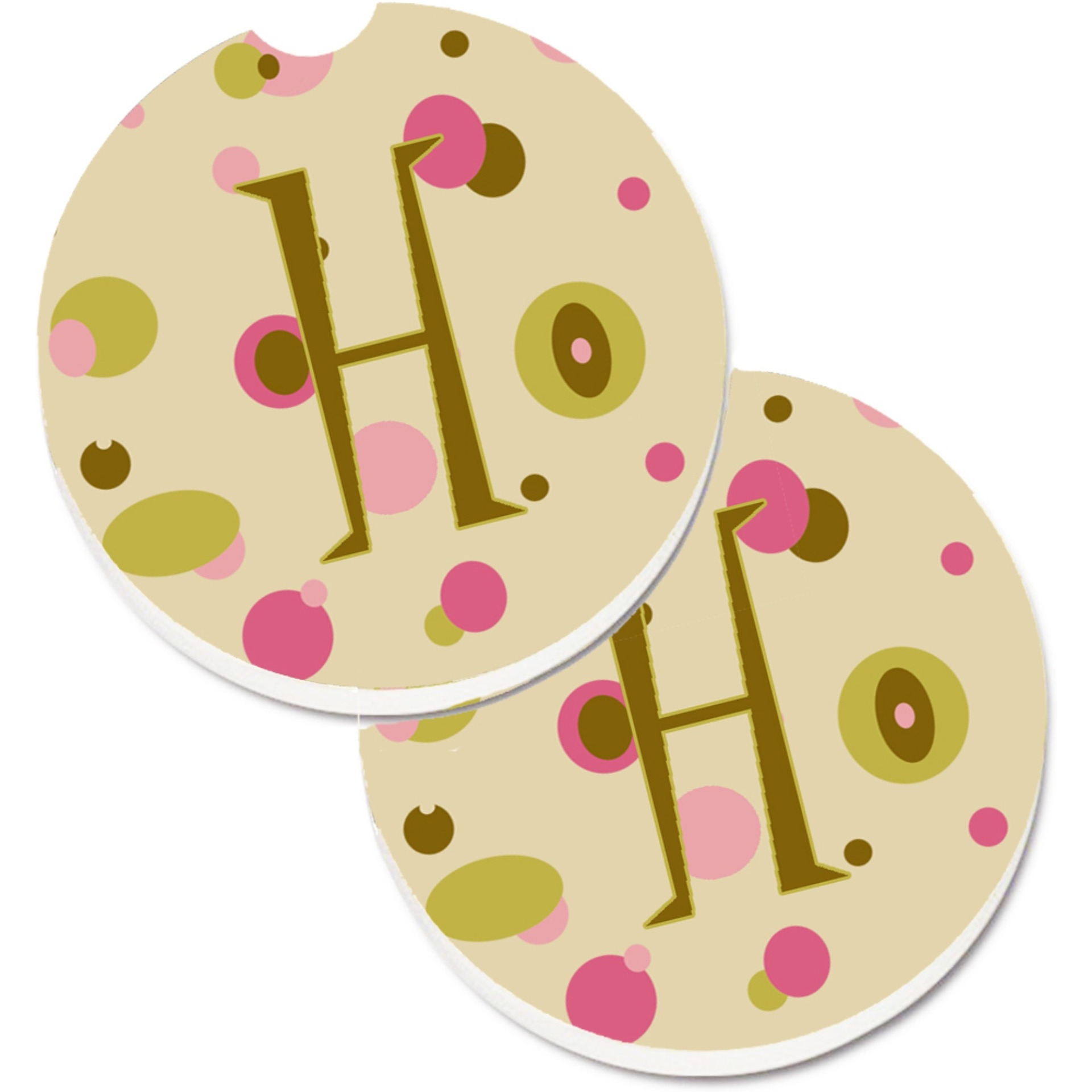 &quotCaroline's Treasures Letter H Initial Monogram - Tan Dots Set of 2 Cup Holder Car Coasters CJ1004-HCARC, 2.56, Multicolor"