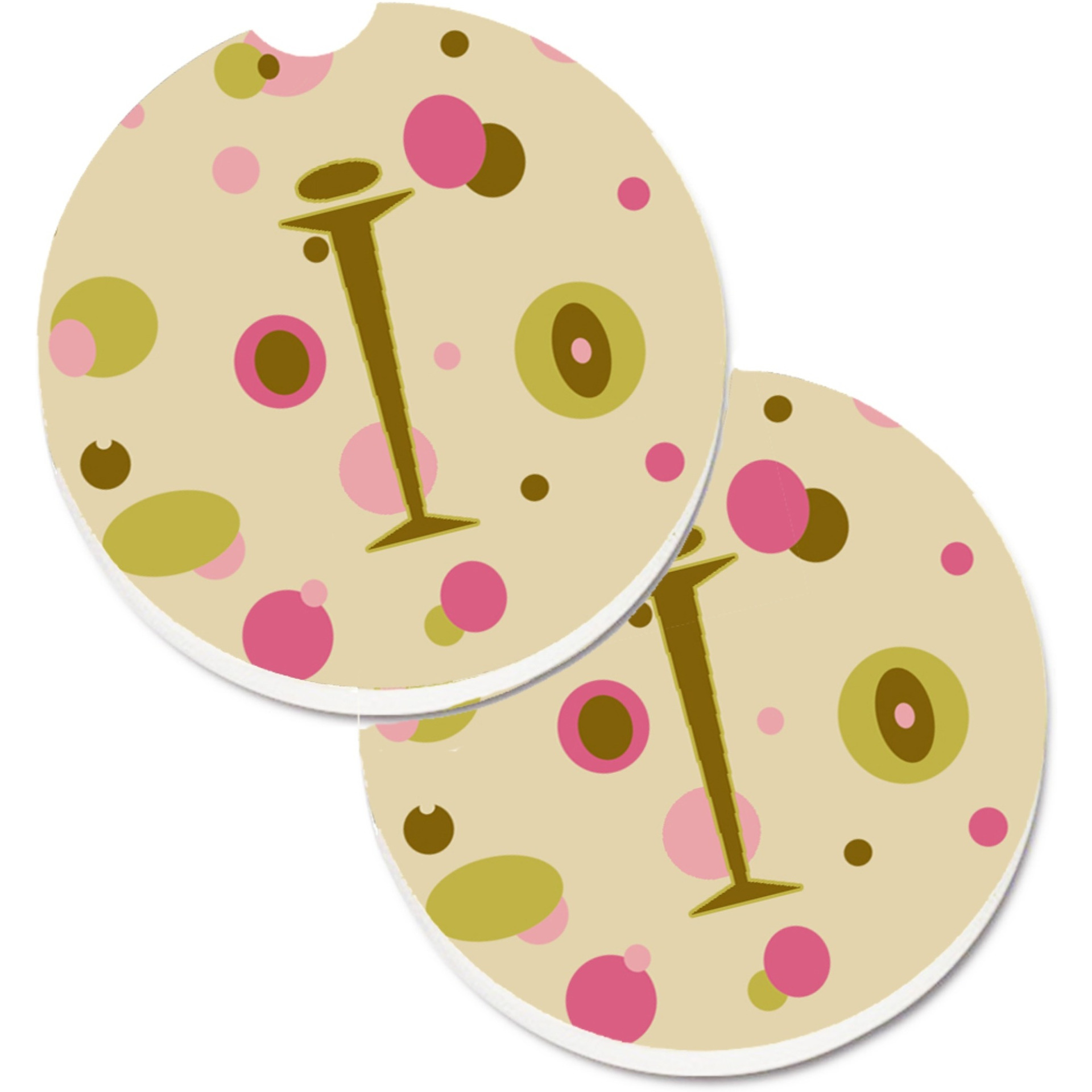 &quotCaroline's Treasures Letter I Initial Monogram - Tan Dots Set of 2 Cup Holder Car Coasters CJ1004-ICARC, 2.56, Multicolor"