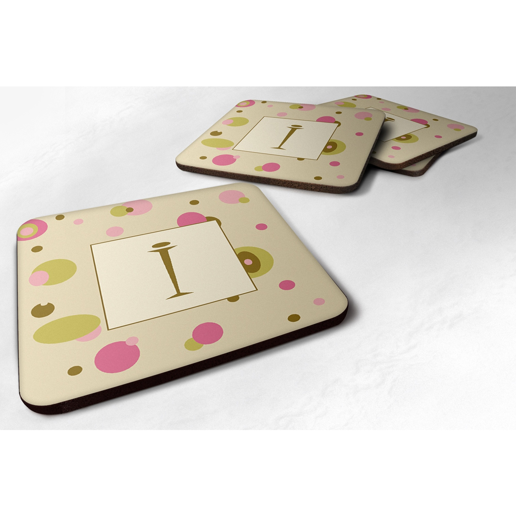 &quotCaroline's Treasures CJ1004-IFC Monogram-Tan Dots Foam Coasters (Set of 4), Initial Letter I, 3.5"" H x 3.5"" W, Multicolor"
