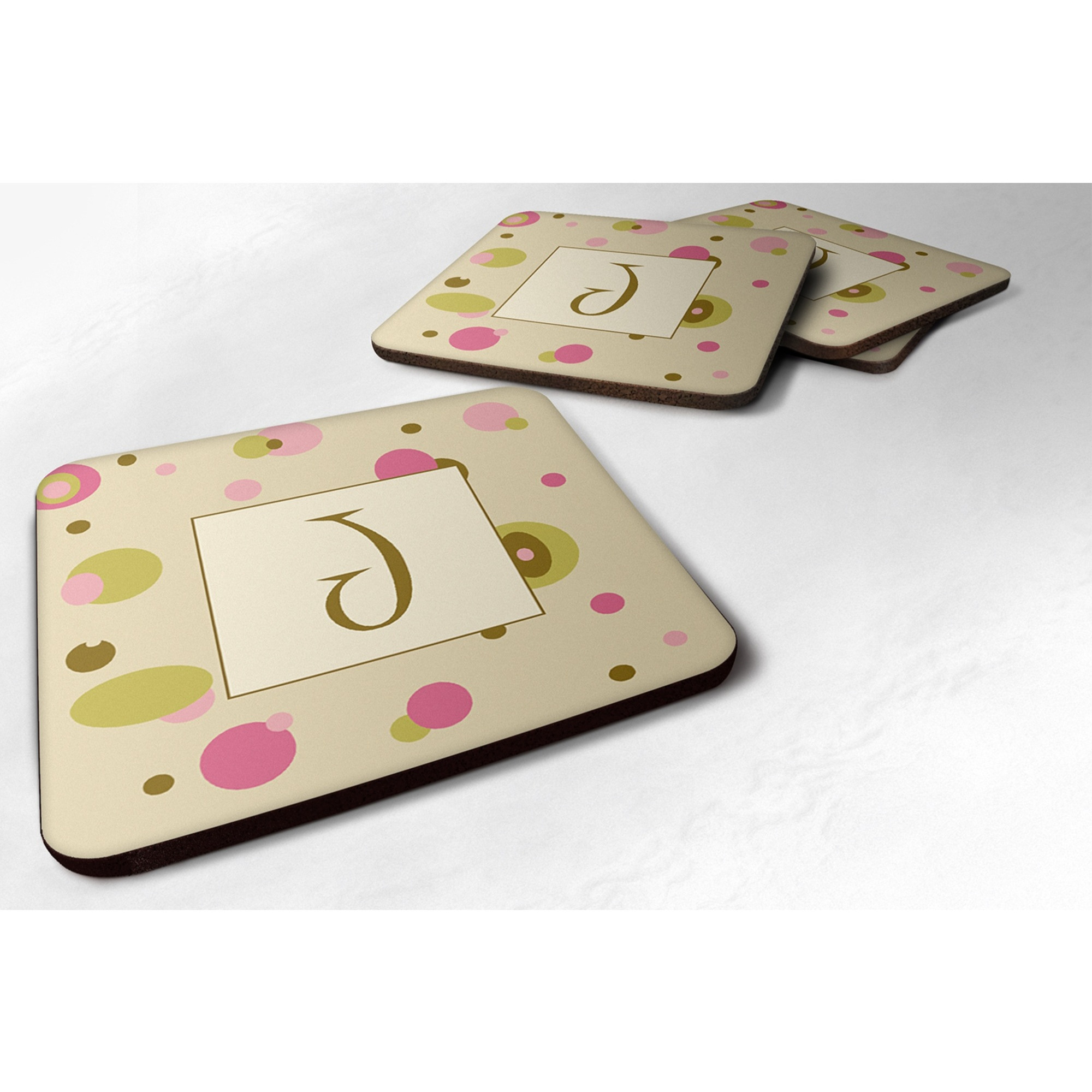 &quotCaroline's Treasures CJ1004-JFC Monogram-Tan Dots Foam Coasters (Set of 4), Initial Letter J, 3.5"" H x 3.5"" W, Multicolor"