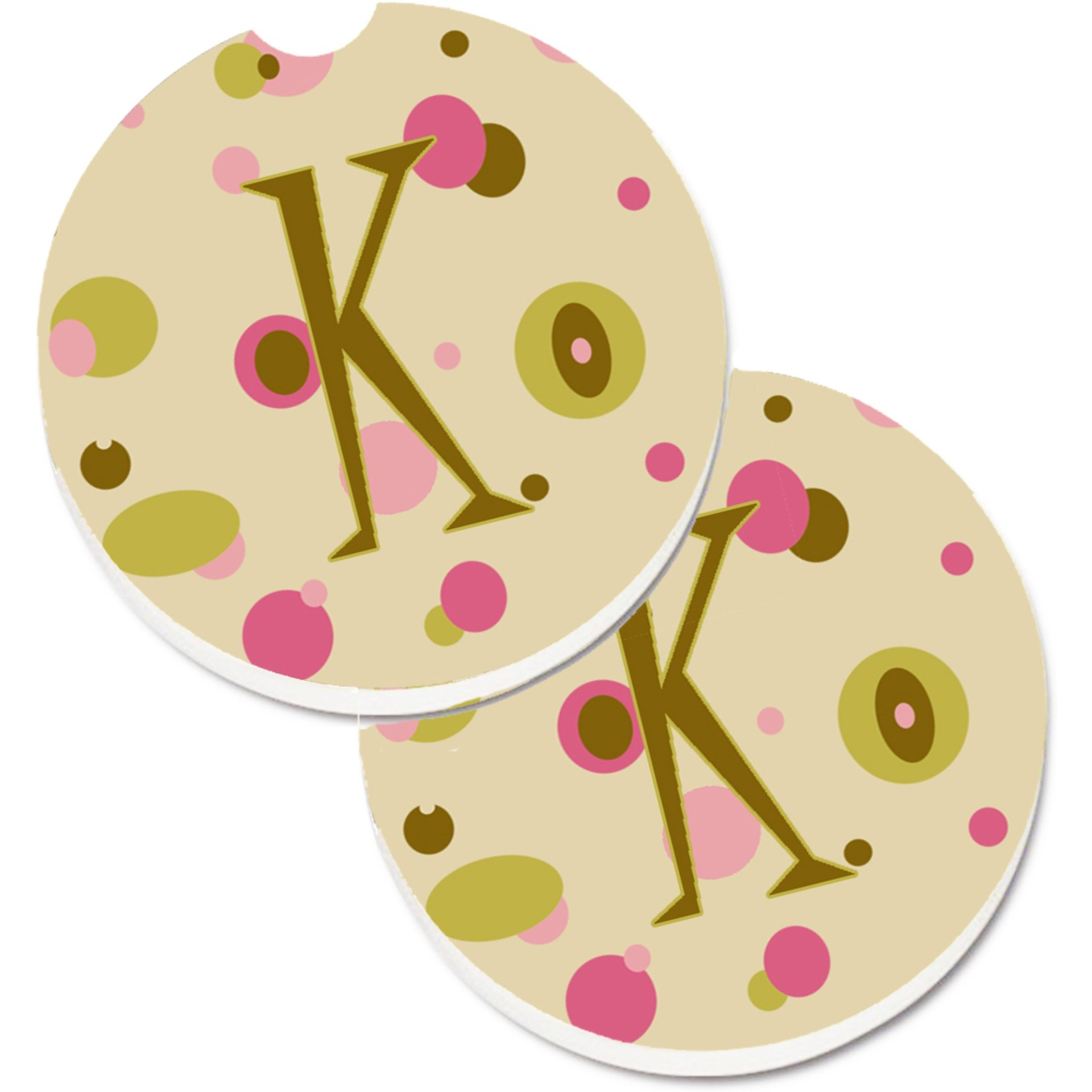 &quotCaroline's Treasures Letter K Initial Monogram - Tan Dots Set of 2 Cup Holder Car Coasters CJ1004-KCARC, 2.56, Multicolor"