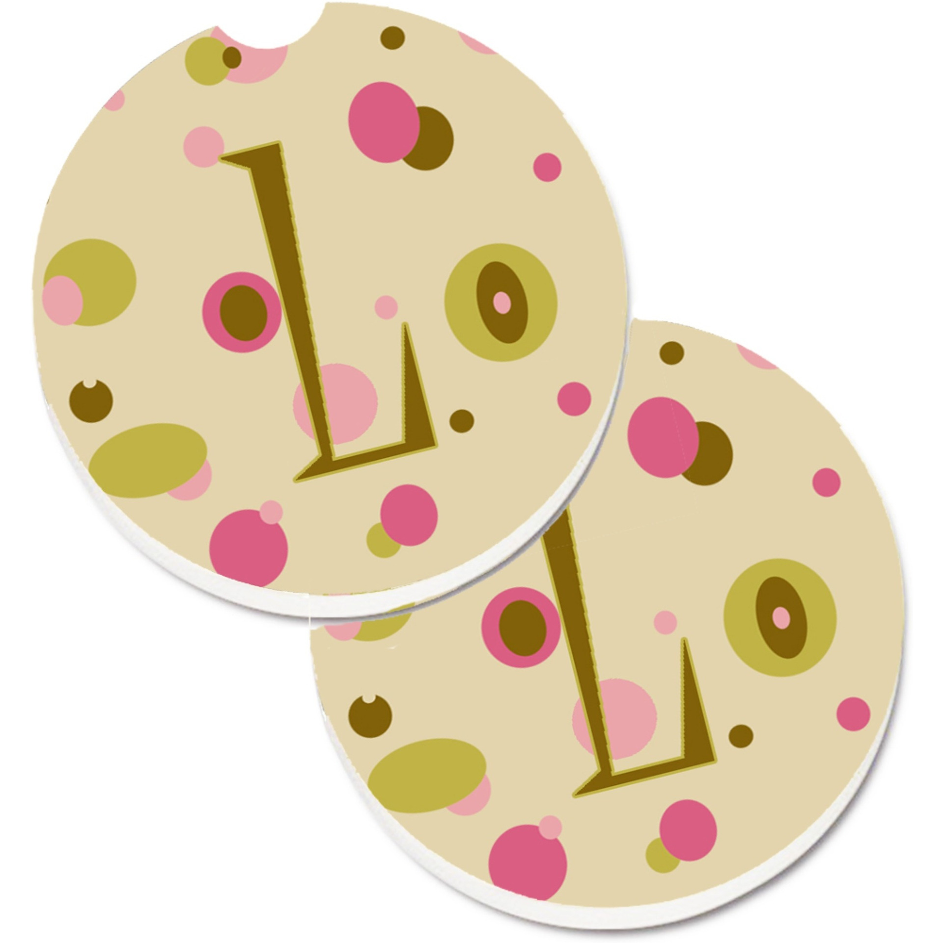 &quotCaroline's Treasures Letter L Initial Monogram - Tan Dots Set of 2 Cup Holder Car Coasters CJ1004-LCARC, 2.56, Multicolor"