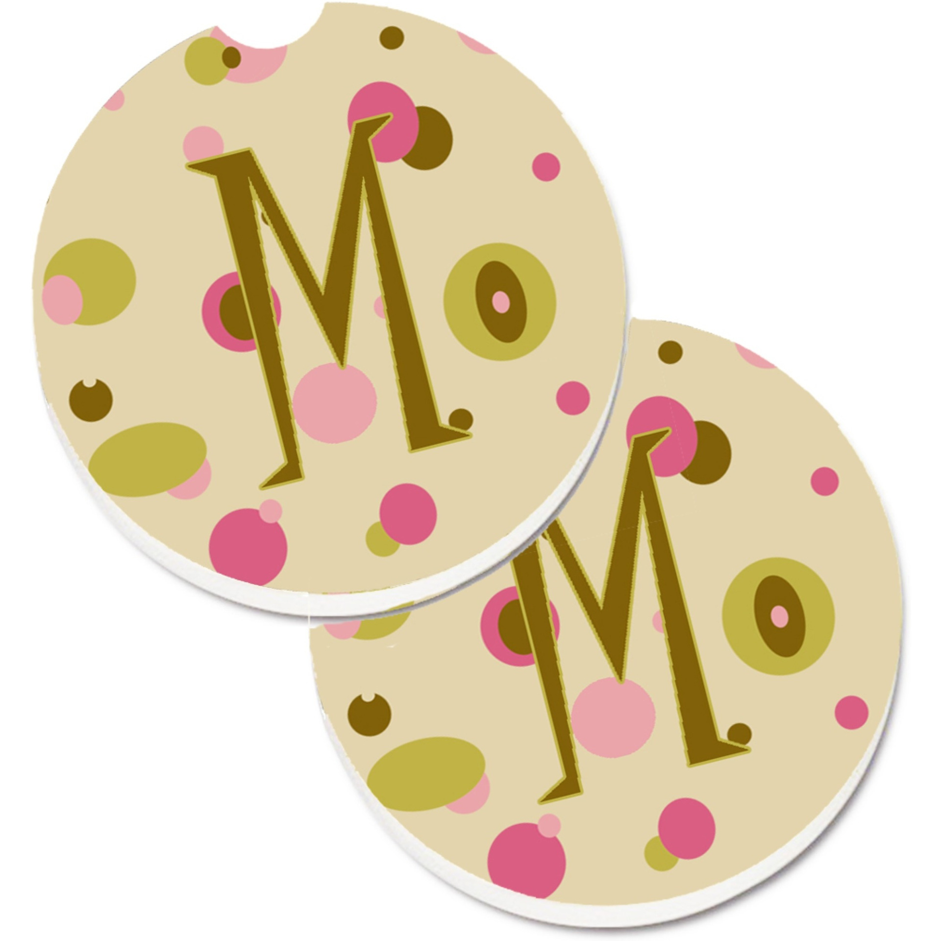 &quotCaroline's Treasures Letter M Initial Monogram - Tan Dots Set of 2 Cup Holder Car Coasters CJ1004-MCARC, 2.56, Multicolor"