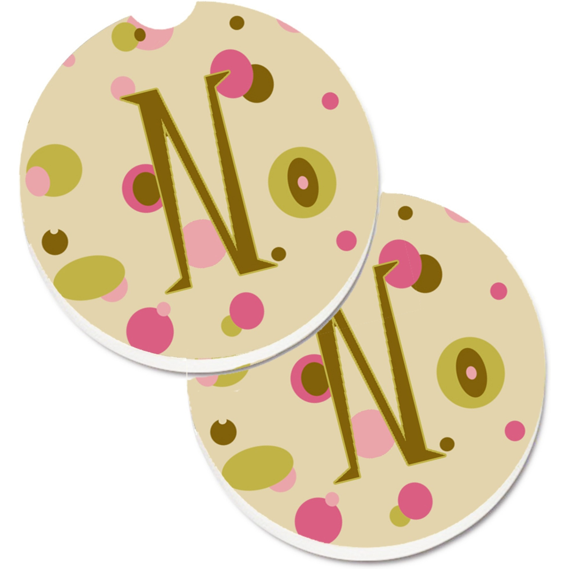 &quotCaroline's Treasures Letter N Initial Monogram - Tan Dots Set of 2 Cup Holder Car Coasters CJ1004-NCARC, 2.56, Multicolor"
