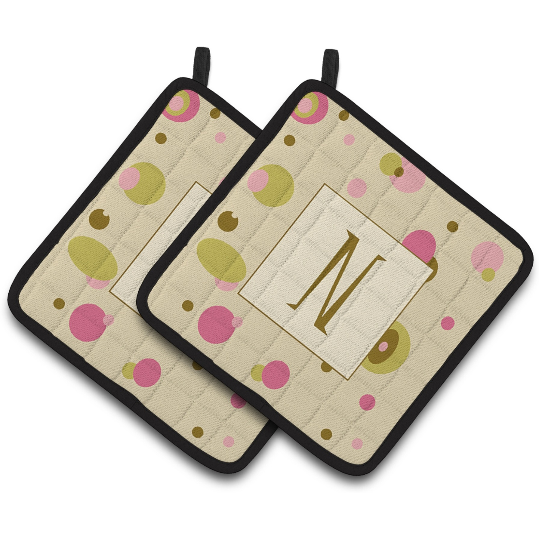 &quotCaroline's Treasures Letter N Initial Monogram - Tan Dots Pair of Pot Holders CJ1004-NPTHD, 7.5HX7.5W, Multicolor"