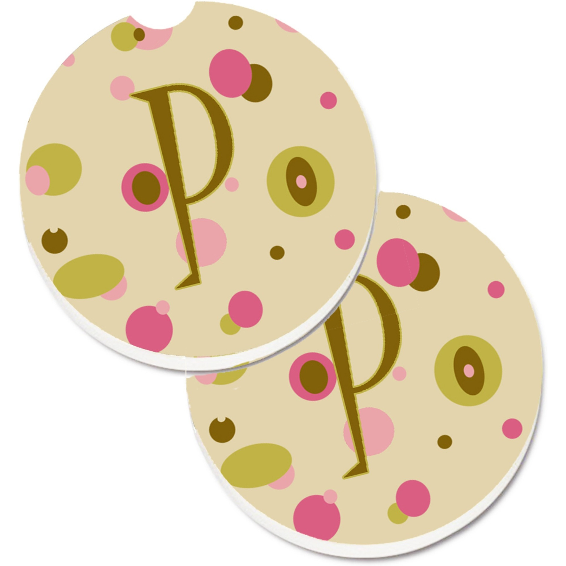 &quotCaroline's Treasures Letter P Initial Monogram - Tan Dots Set of 2 Cup Holder Car Coasters CJ1004-PCARC, 2.56, Multicolor"