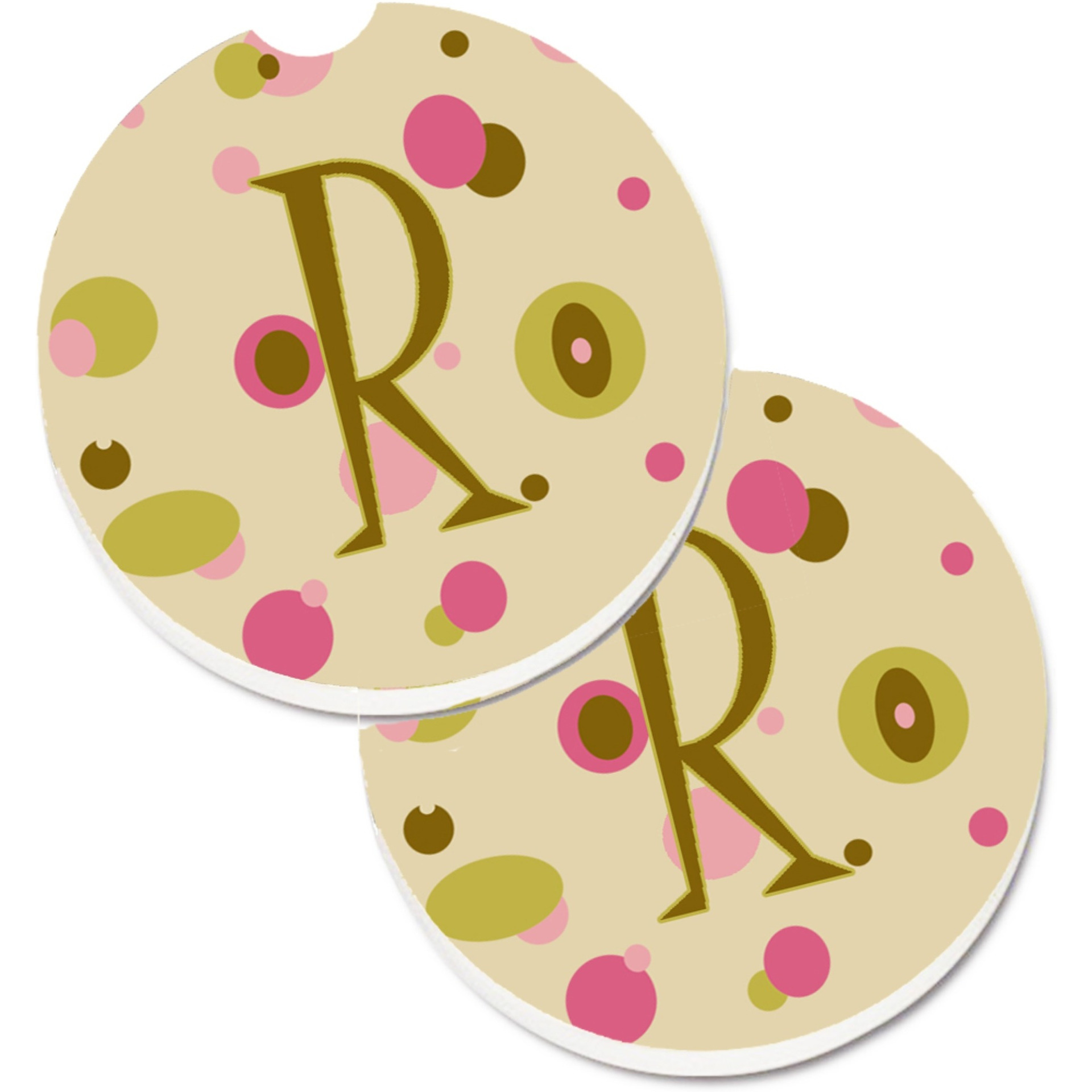 &quotCaroline's Treasures Letter R Initial Monogram - Tan Dots Set of 2 Cup Holder Car Coasters CJ1004-RCARC, 2.56, Multicolor"