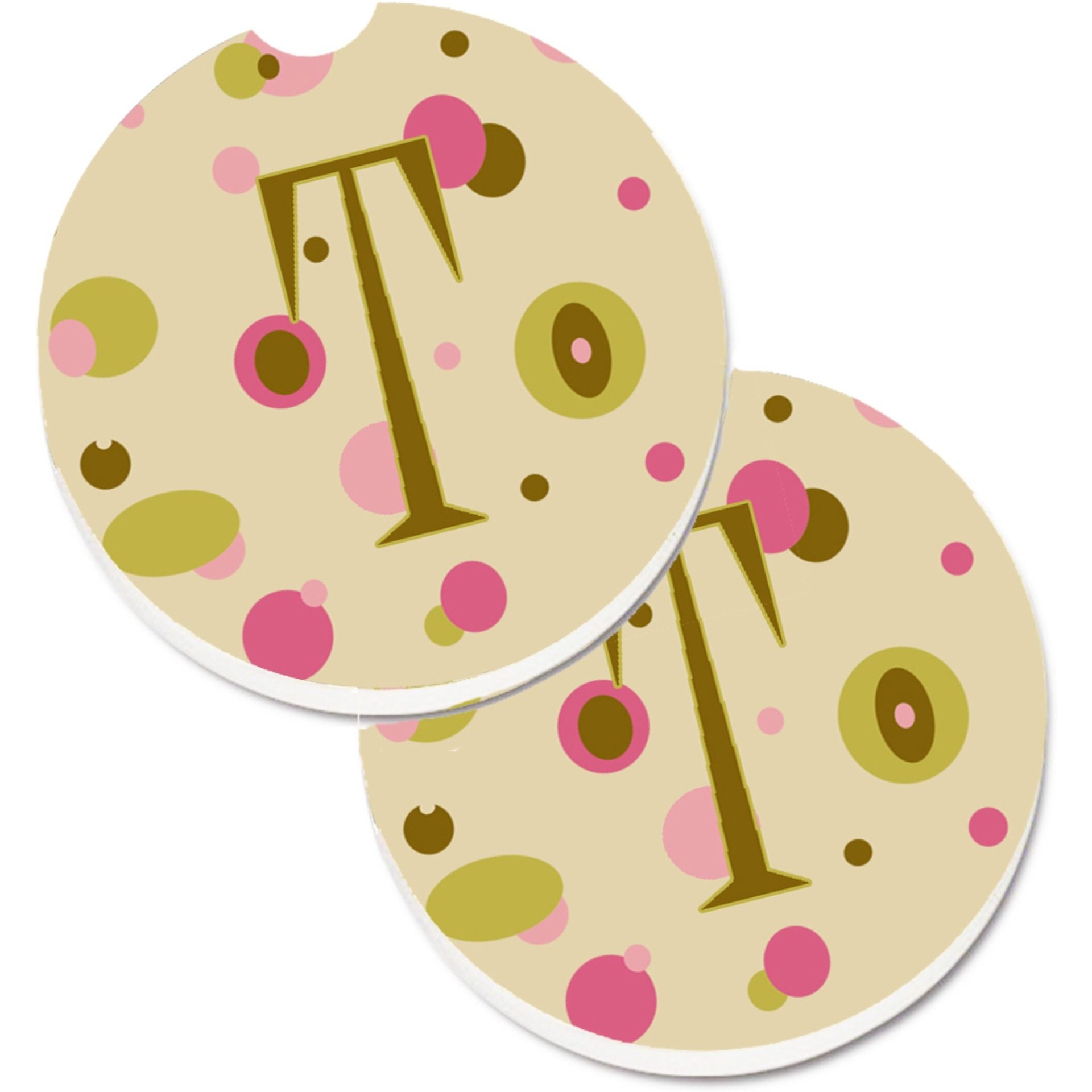 &quotCaroline's Treasures Letter T Initial Monogram - Tan Dots Set of 2 Cup Holder Car Coasters CJ1004-TCARC, 2.56, Multicolor"