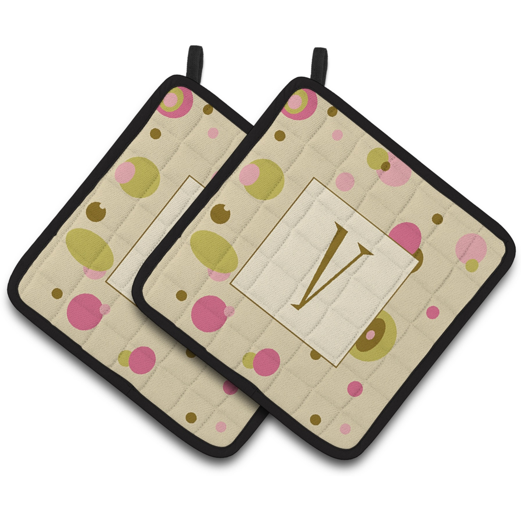 &quotCaroline's Treasures Letter V Initial Monogram - Tan Dots Pair of Pot Holders CJ1004-VPTHD, 7.5HX7.5W, Multicolor"