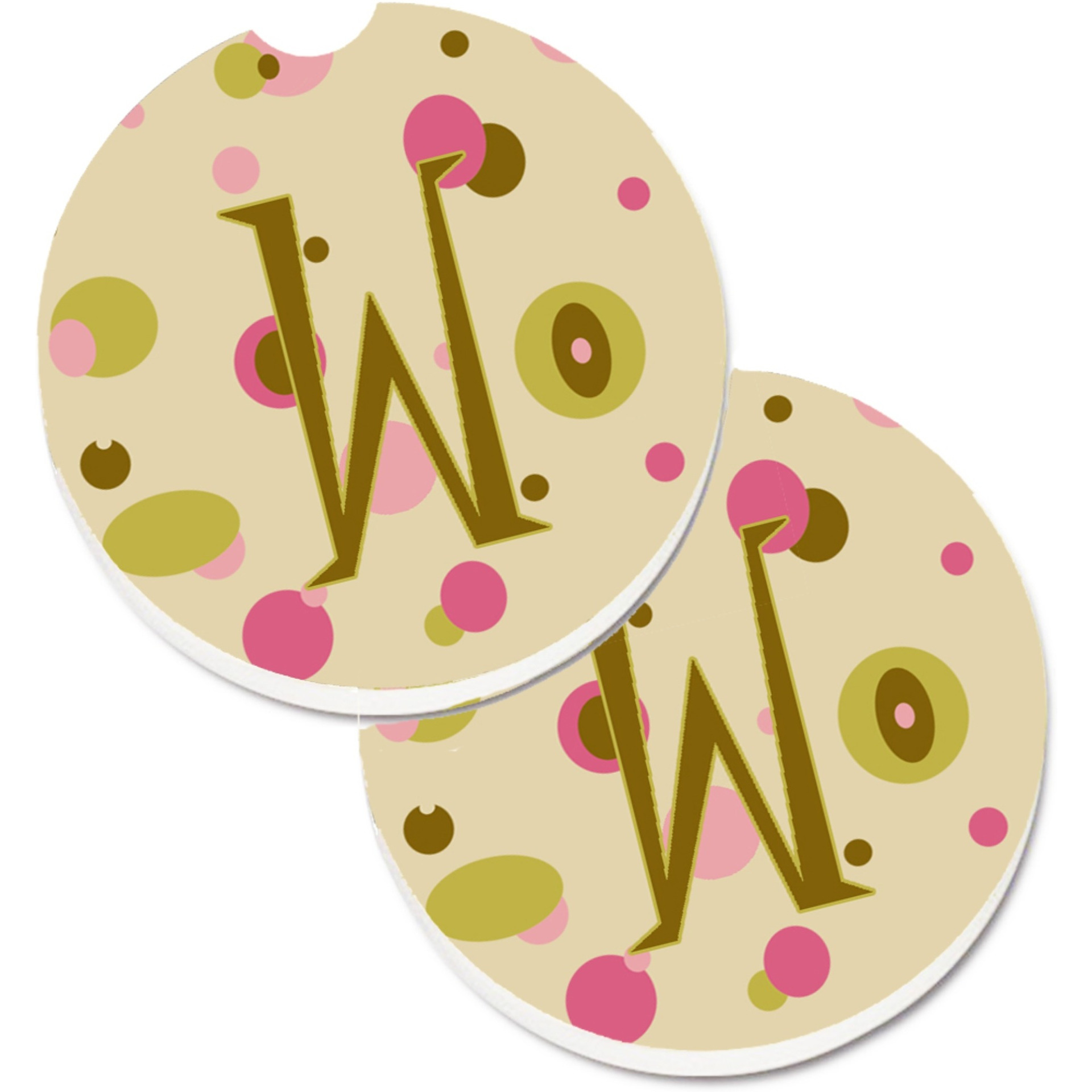 &quotCaroline's Treasures Letter W Initial Monogram - Tan Dots Set of 2 Cup Holder Car Coasters CJ1004-WCARC, 2.56, Multicolor"