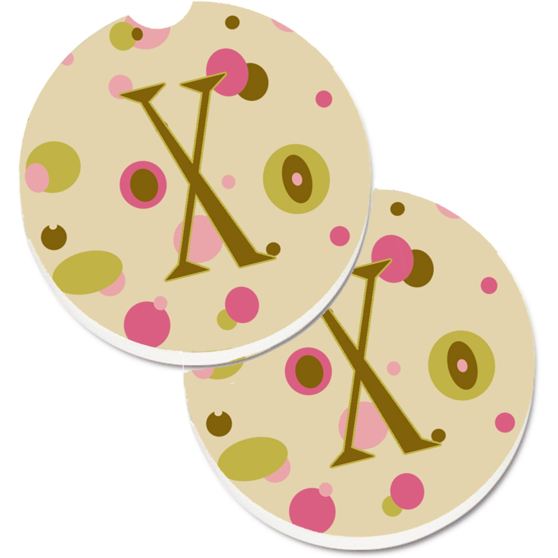 &quotCaroline's Treasures Letter x Initial Monogram - Tan Dots Set of 2 Cup Holder Car Coasters CJ1004-XCARC, 2.56, Multicolor"