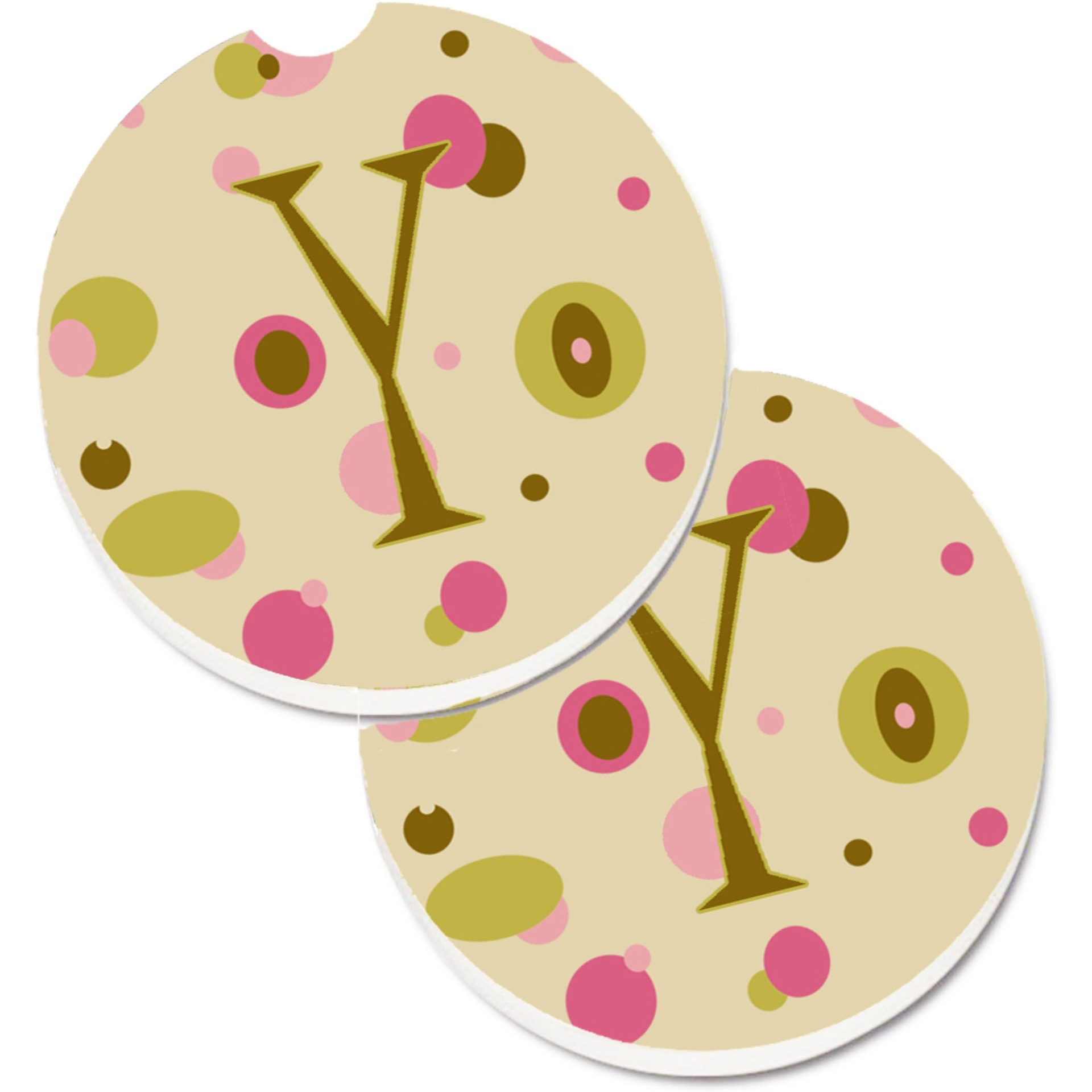 &quotCaroline's Treasures Letter Y Initial Monogram - Tan Dots Set of 2 Cup Holder Car Coasters CJ1004-YCARC, 2.56, Multicolor"
