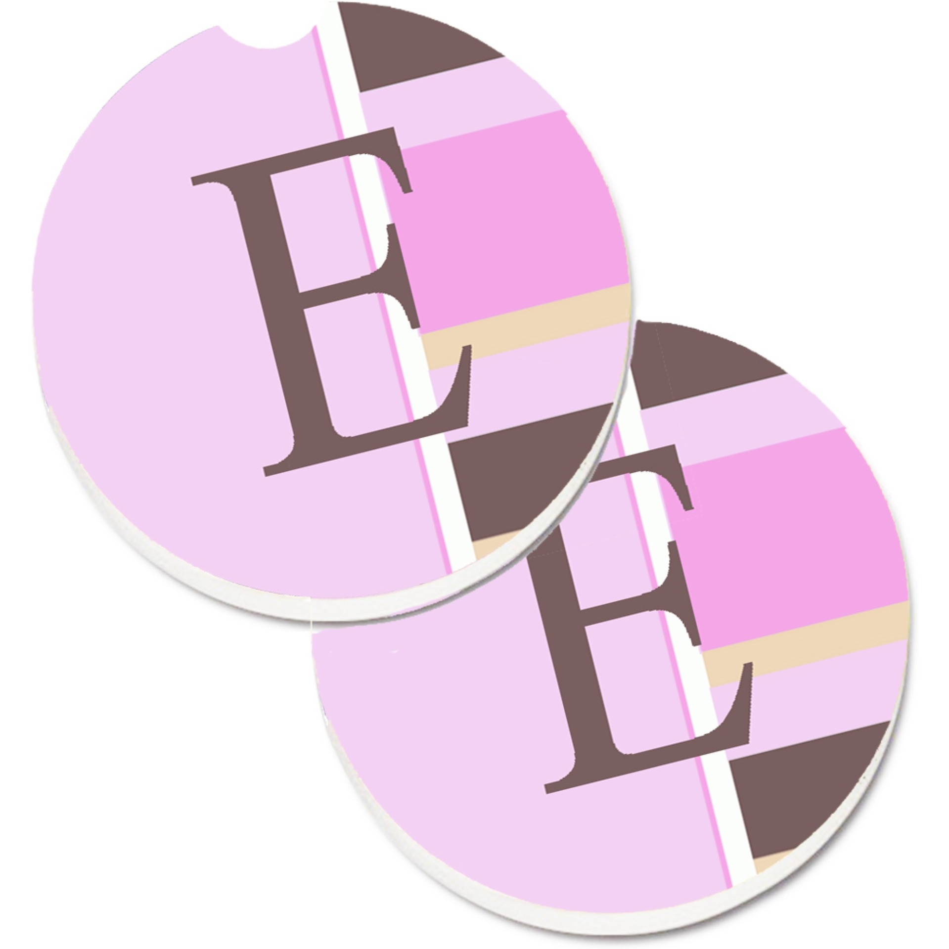 &quotCaroline's Treasures Letter E Initial Monogram - Pink Stripes Set of 2 Cup Holder Car Coasters CJ1005-ECARC, 2.56, Multicolor"