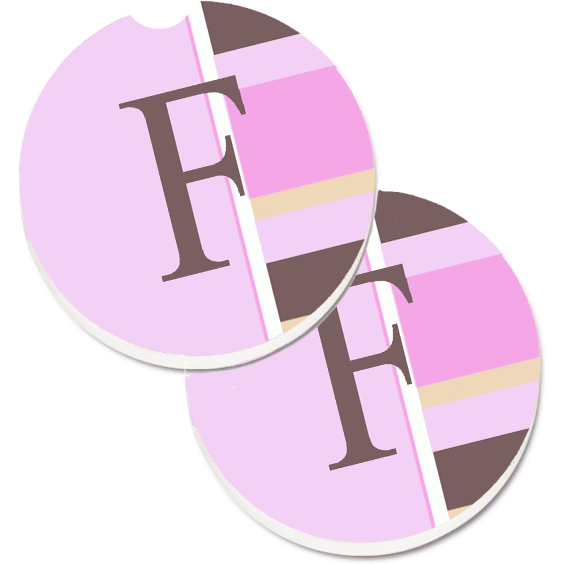 &quotCaroline's Treasures Letter F Initial Monogram - Pink Stripes Set of 2 Cup Holder Car Coasters CJ1005-FCARC, 2.56, Multicolor"