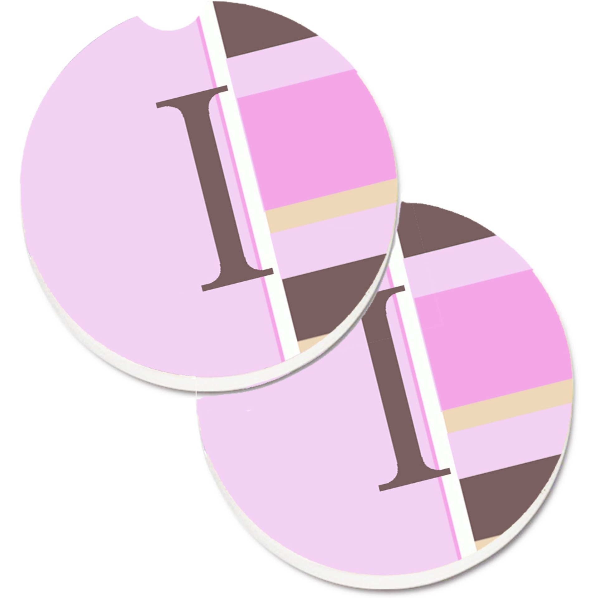 &quotCaroline's Treasures Letter I Initial Monogram - Pink Stripes Set of 2 Cup Holder Car Coasters CJ1005-ICARC, 2.56, Multicolor"
