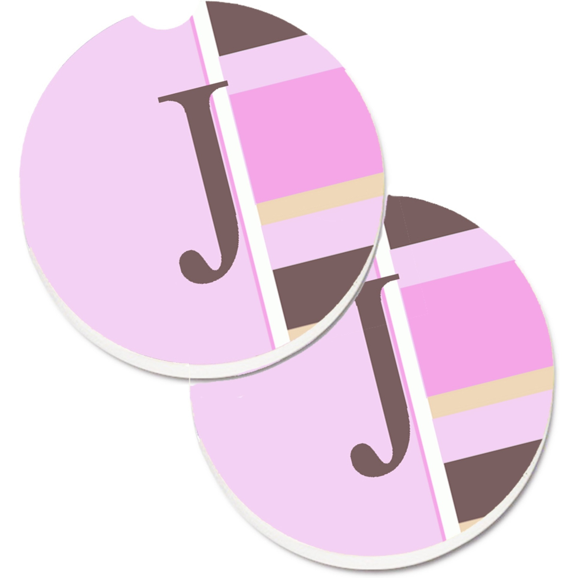 &quotCaroline's Treasures Letter J Initial Monogram - Pink Stripes Set of 2 Cup Holder Car Coasters CJ1005-JCARC, 2.56, Multicolor"