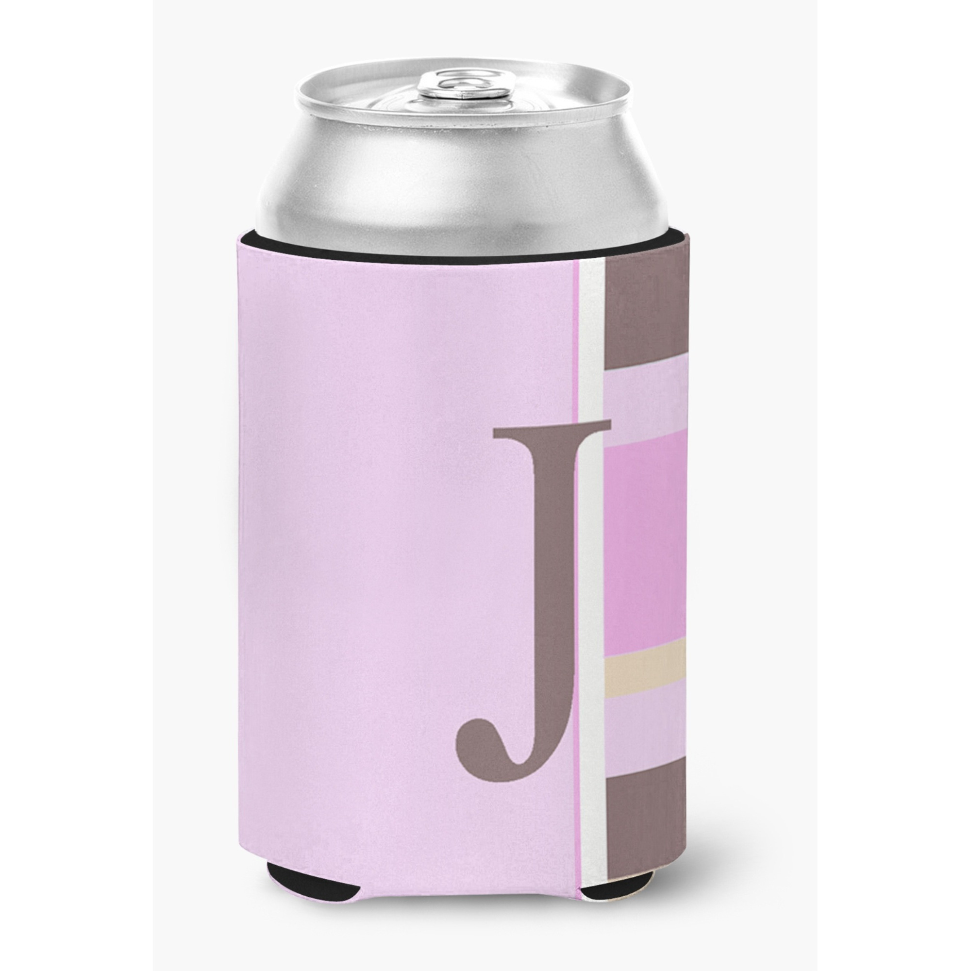 Letter J Initial Monogram - Pink Stripes Can or Bottle Beverage Insulator Hugger