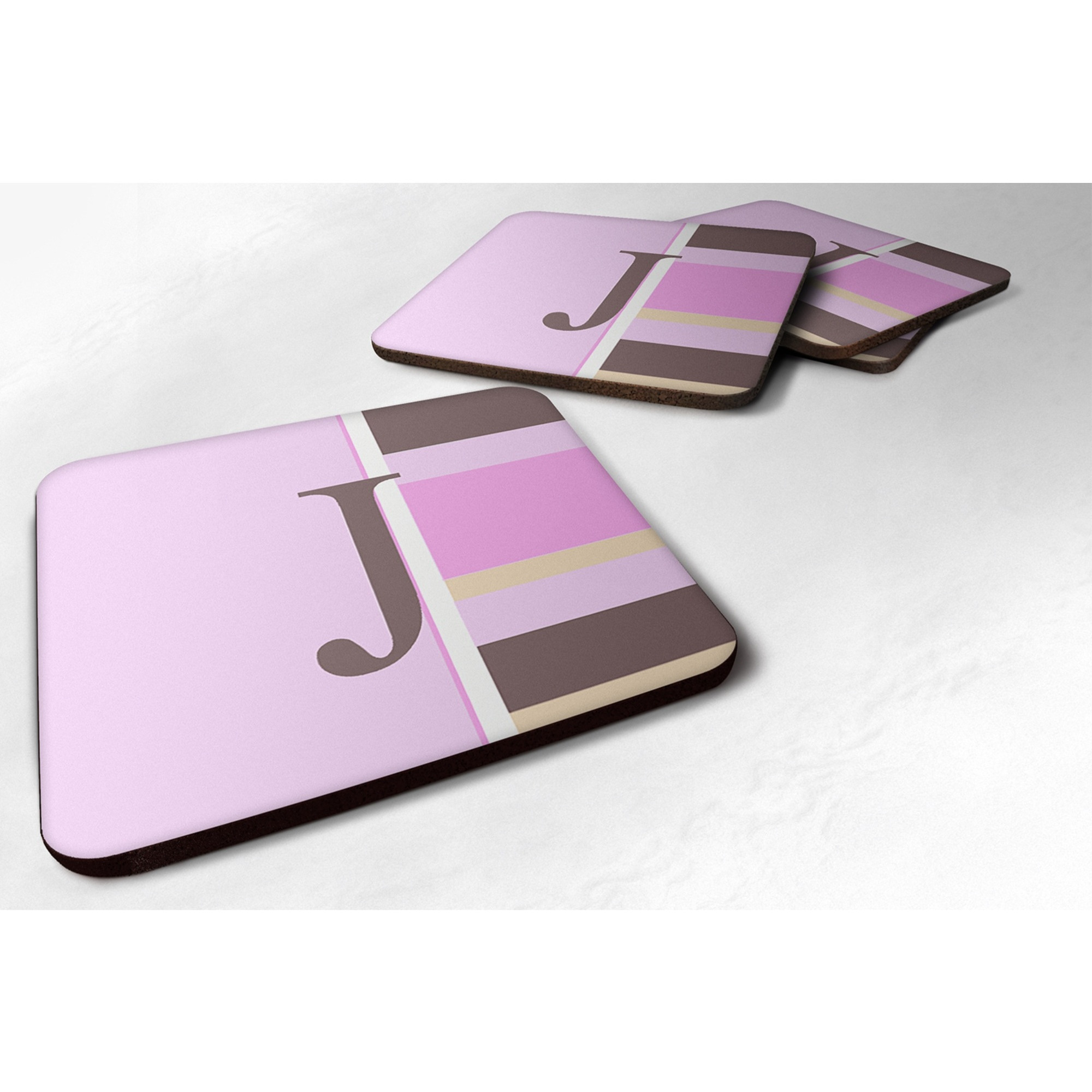&quotCaroline's Treasures CJ1005-JFC Monogram-Pink Stripes Foam Coasters (Set of 4), Initial Letter J, 3.5"" H x 3.5"" W, Multicolor"