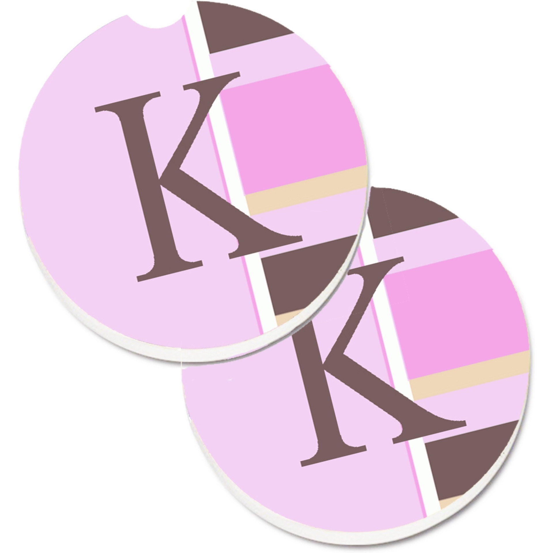 &quotCaroline's Treasures Letter K Initial Monogram - Pink Stripes Set of 2 Cup Holder Car Coasters CJ1005-KCARC, 2.56, Multicolor"