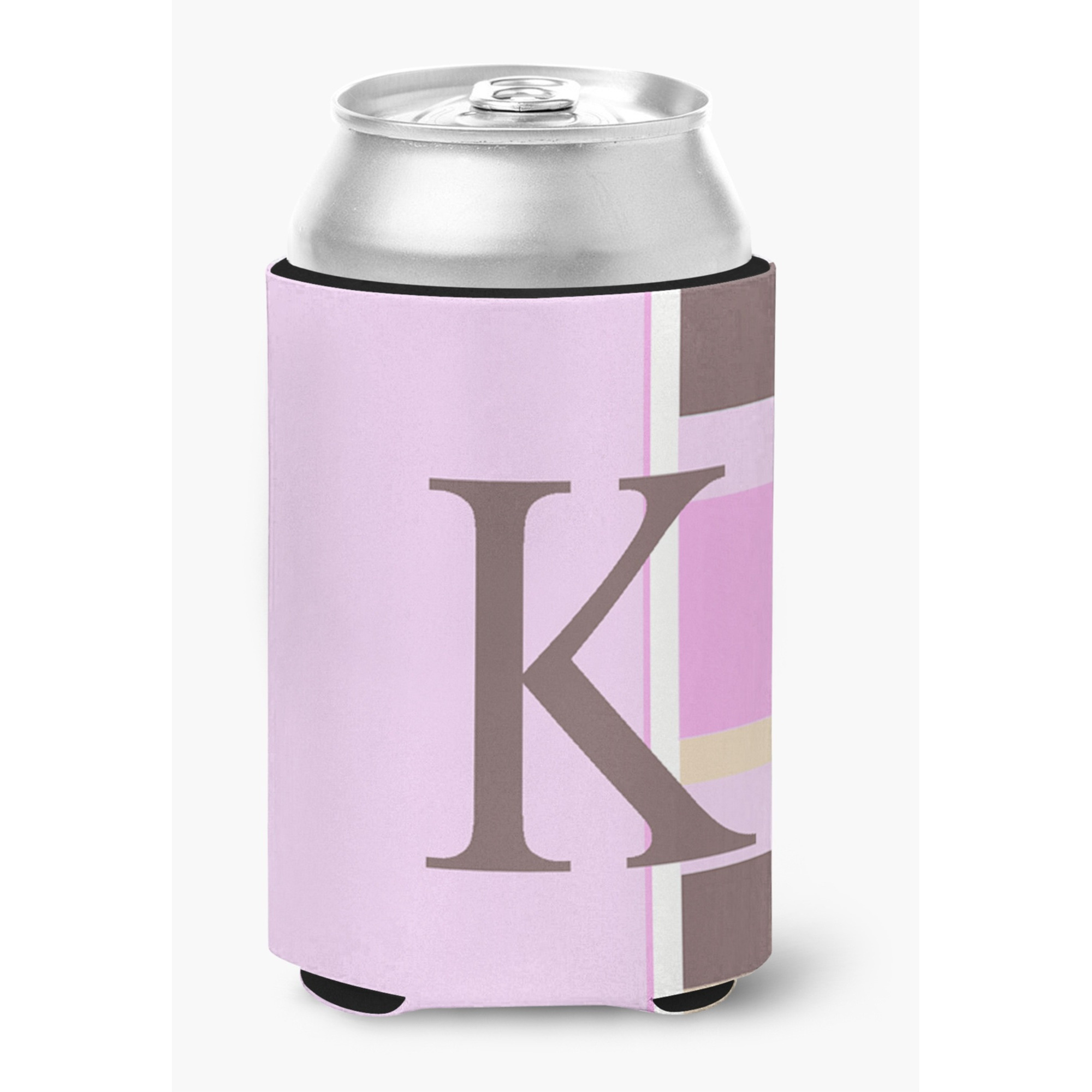 Letter K Initial Monogram - Pink Stripes Can or Bottle Beverage Insulator Hugger