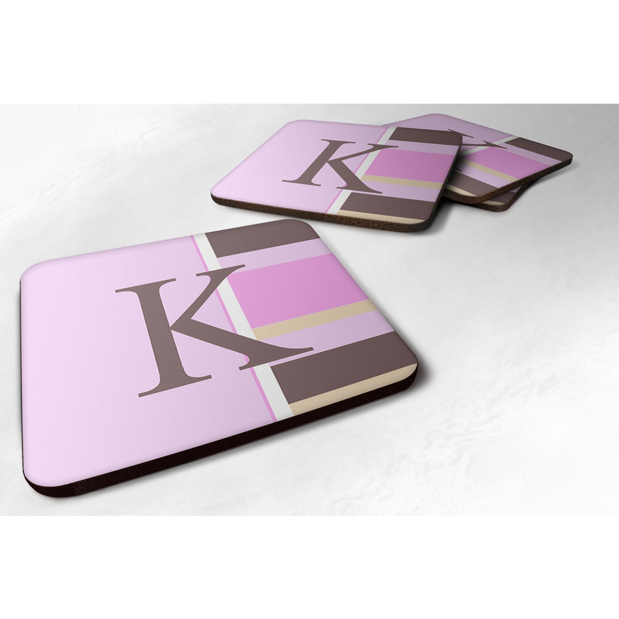 &quotCaroline's Treasures CJ1005-KFC Monogram-Pink Stripes Foam Coasters (Set of 4), Initial Letter K, 3.5"" H x 3.5"" W, Multicolor"