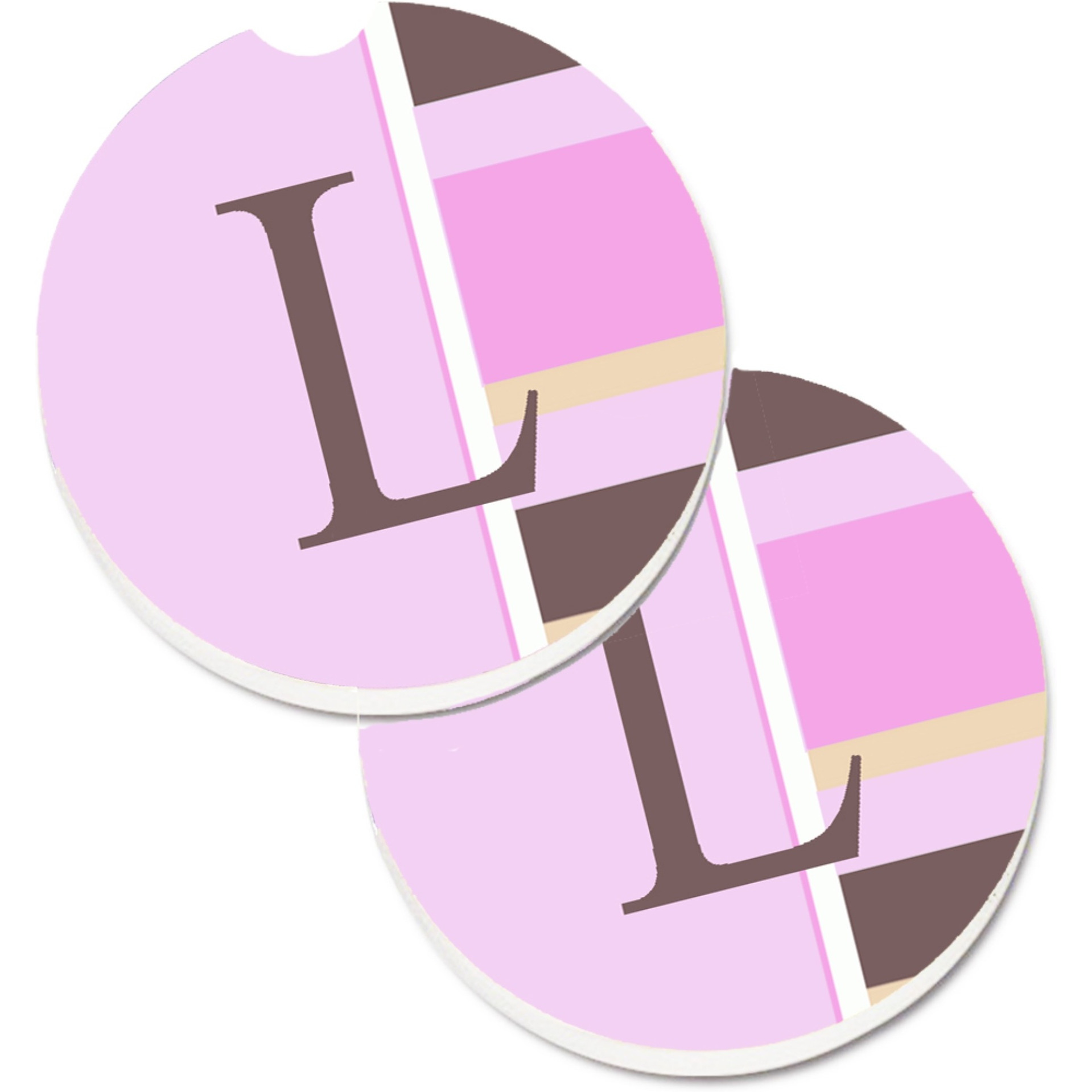 &quotCaroline's Treasures Letter L Initial Monogram - Pink Stripes Set of 2 Cup Holder Car Coasters CJ1005-LCARC, 2.56, Multicolor"
