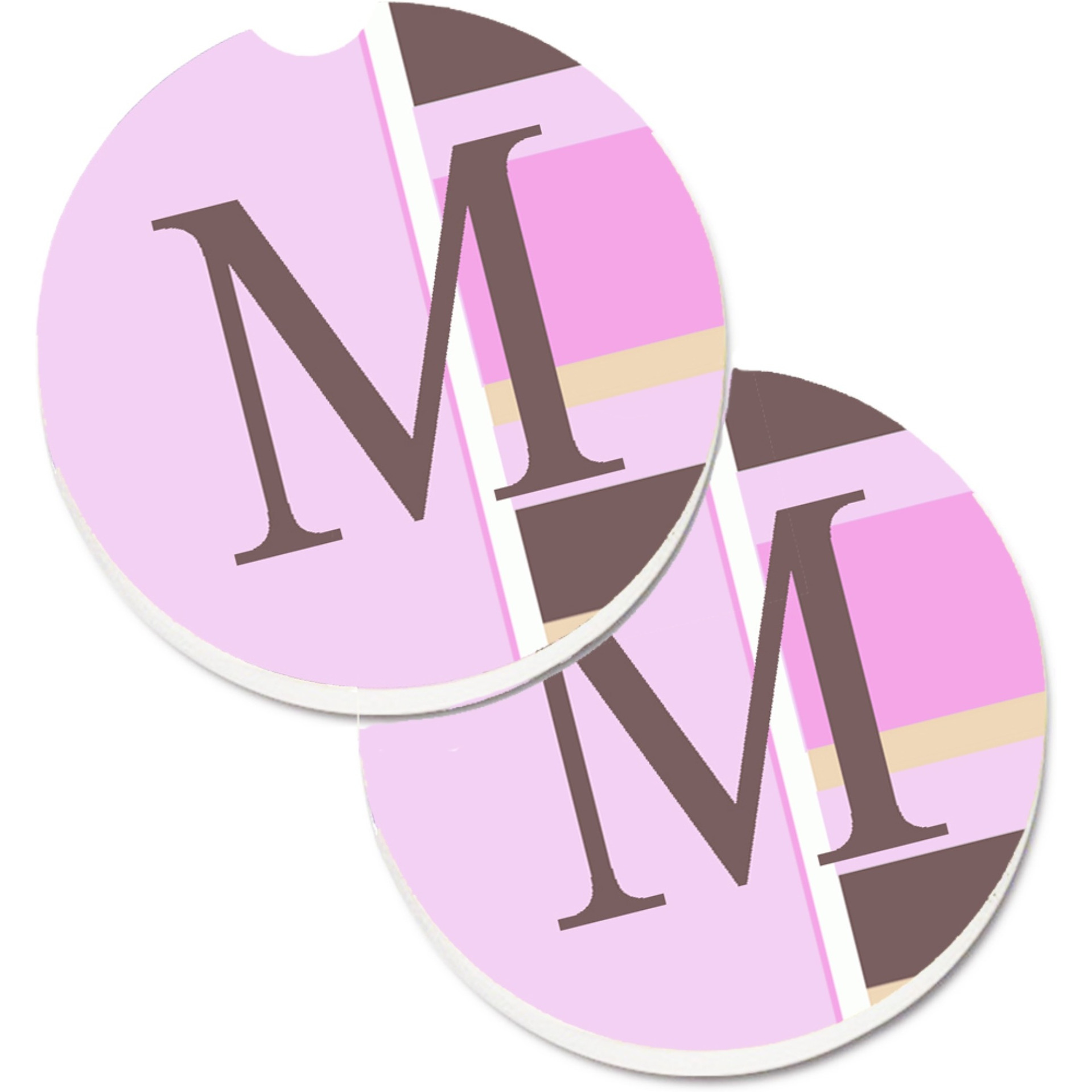 &quotCaroline's Treasures Letter M Initial Monogram - Pink Stripes Set of 2 Cup Holder Car Coasters CJ1005-MCARC, 2.56, Multicolor"