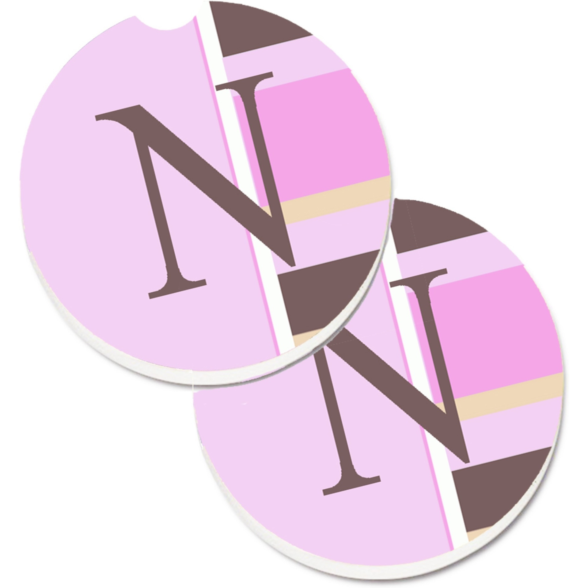 &quotCaroline's Treasures Letter N Initial Monogram - Pink Stripes Set of 2 Cup Holder Car Coasters CJ1005-NCARC, 2.56, Multicolor"