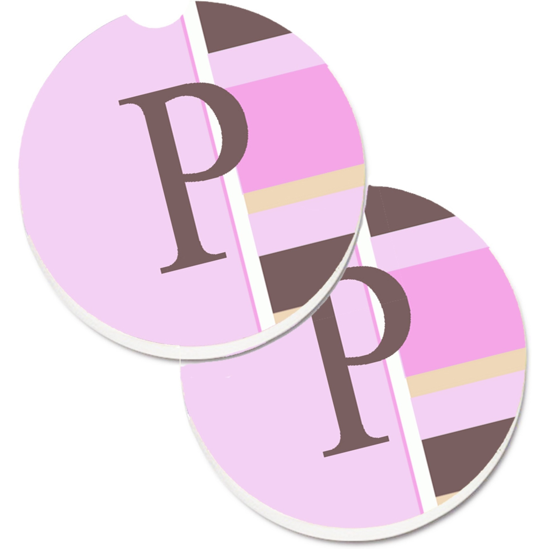 &quotCaroline's Treasures Letter P Initial Monogram - Pink Stripes Set of 2 Cup Holder Car Coasters CJ1005-PCARC, 2.56, Multicolor"