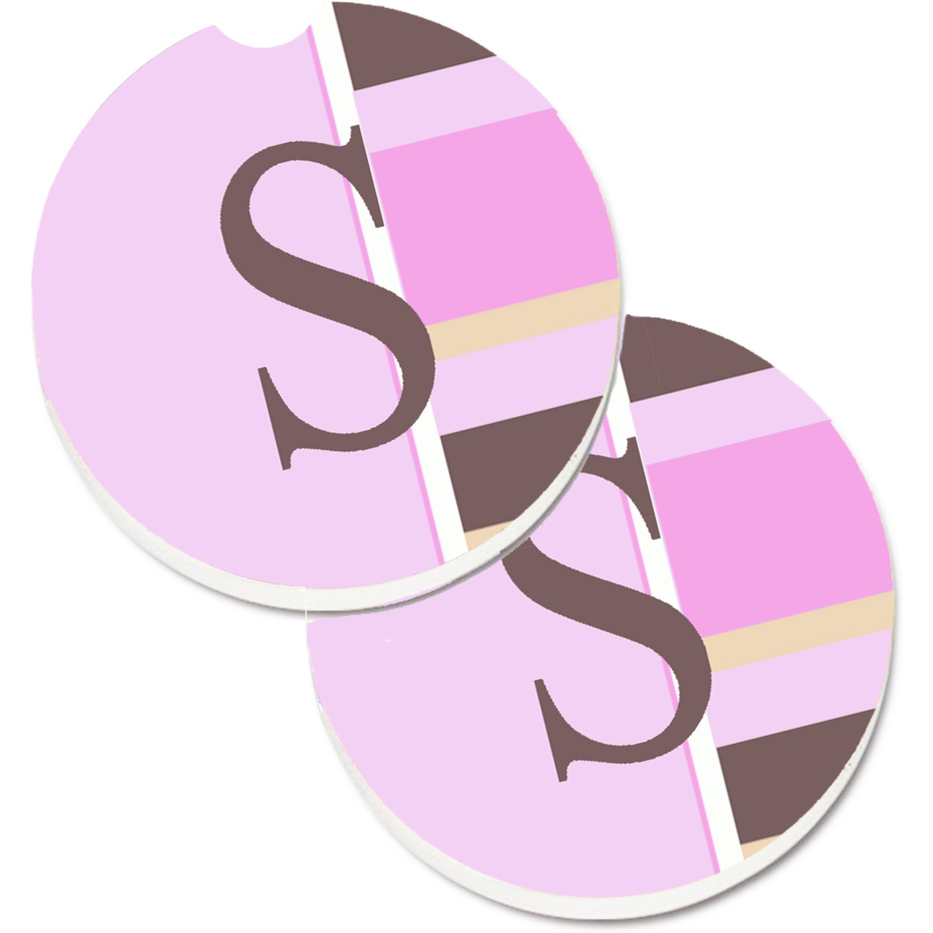 &quotCaroline's Treasures Letter S Initial Monogram - Pink Stripes Set of 2 Cup Holder Car Coasters CJ1005-SCARC, 2.56, Multicolor"