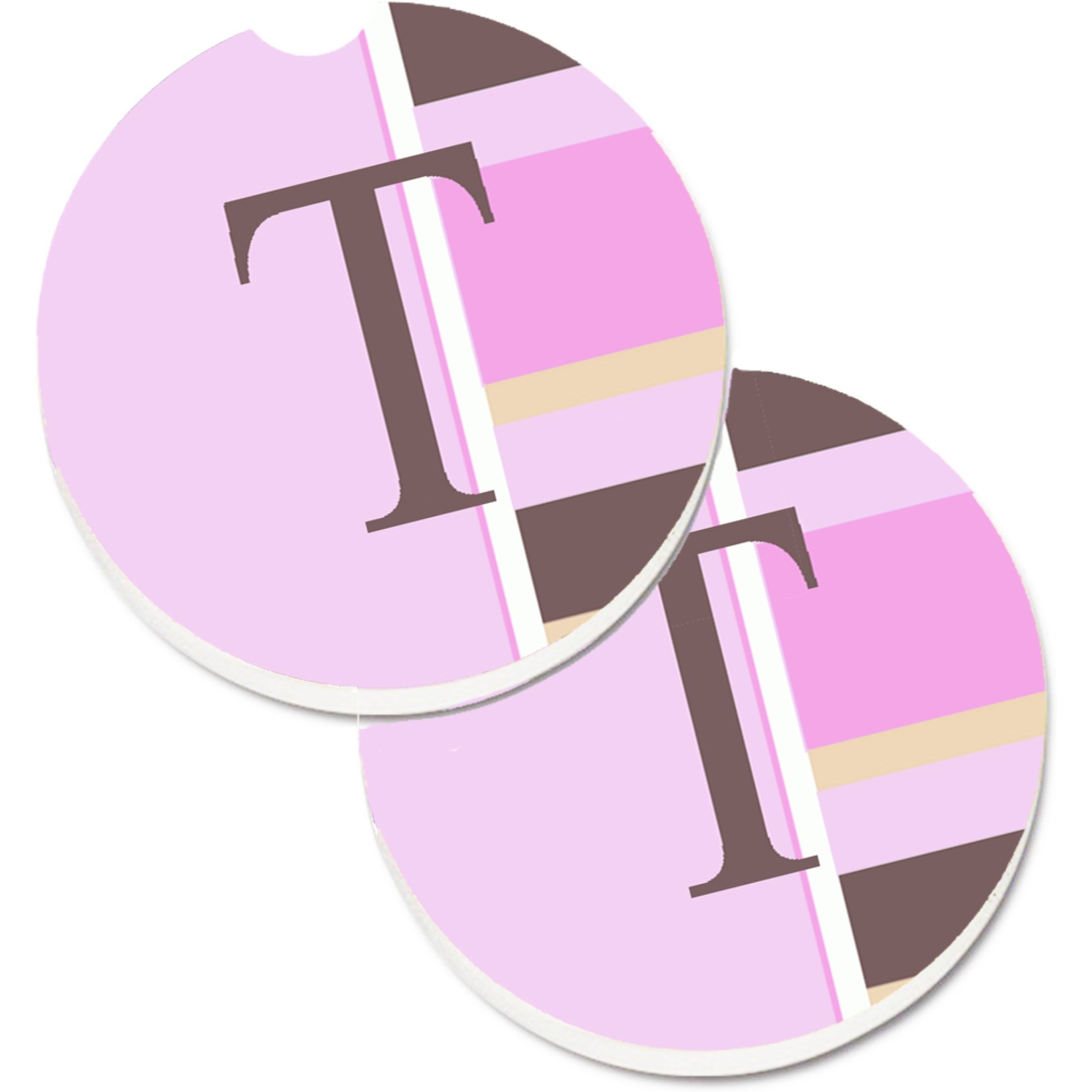 &quotCaroline's Treasures Letter T Initial Monogram - Pink Stripes Set of 2 Cup Holder Car Coasters CJ1005-TCARC, 2.56, Multicolor"