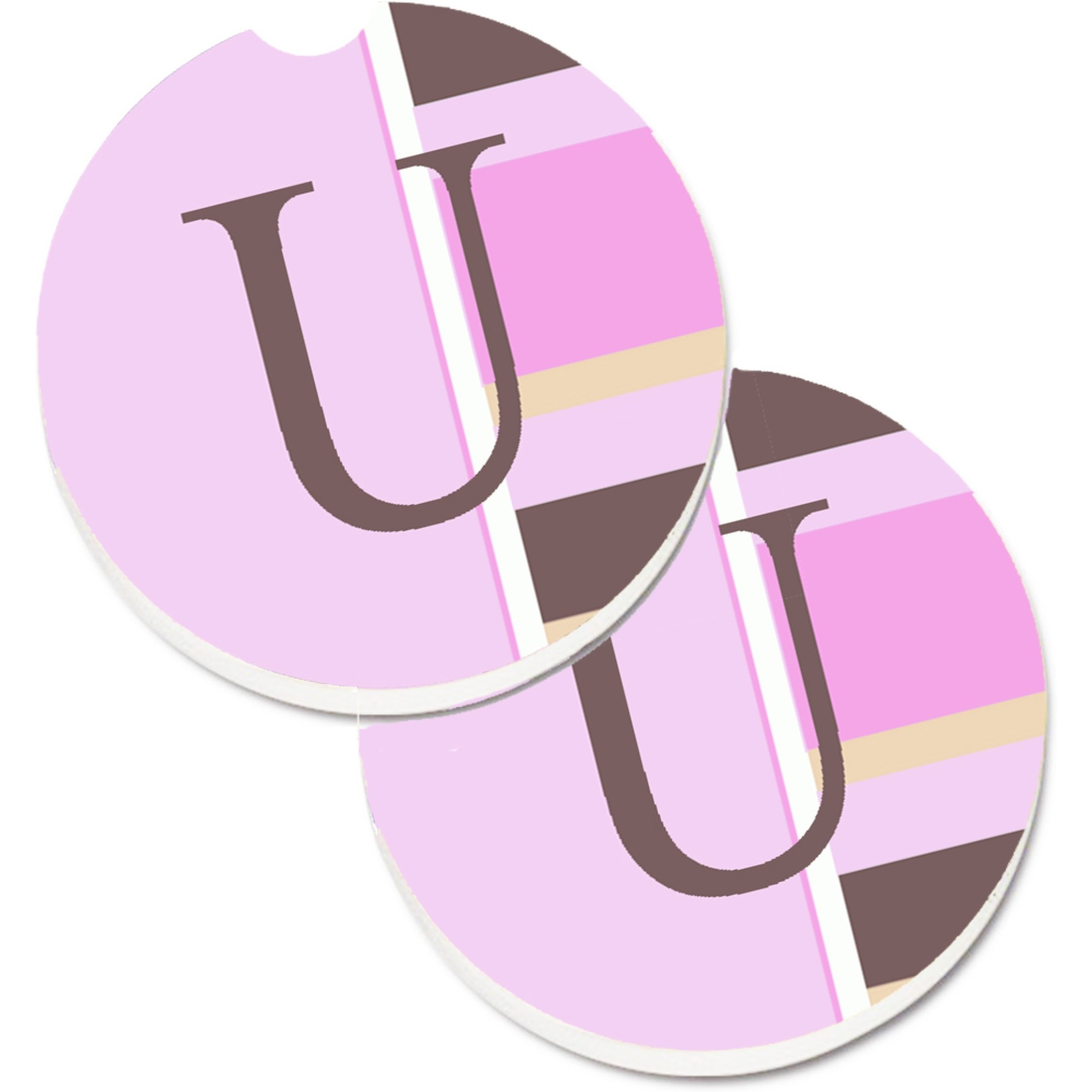 &quotCaroline's Treasures Letter U Initial Monogram - Pink Stripes Set of 2 Cup Holder Car Coasters CJ1005-UCARC, 2.56, Multicolor"