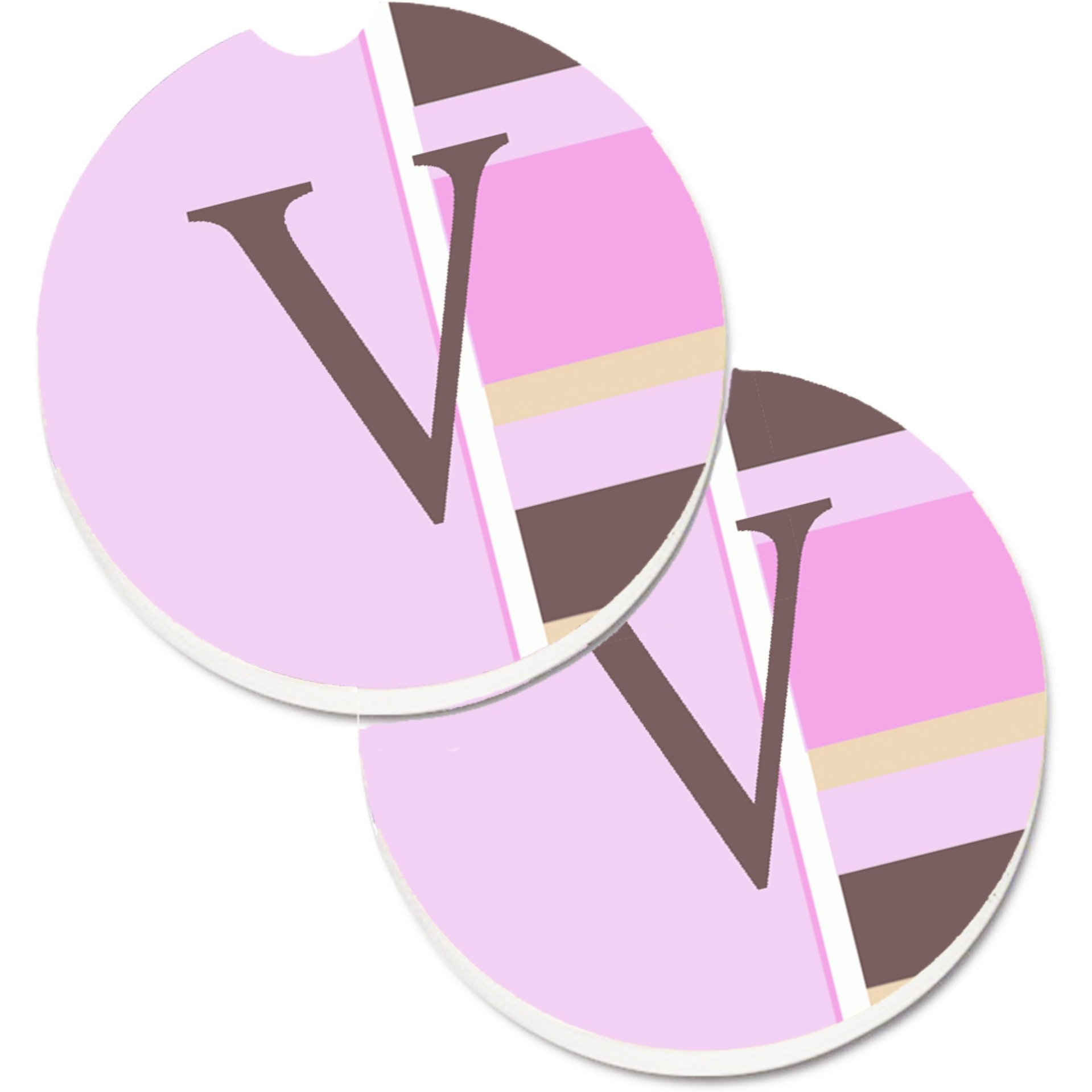 &quotCaroline's Treasures Letter V Initial Monogram - Pink Stripes Set of 2 Cup Holder Car Coasters CJ1005-VCARC, 2.56, Multicolor"