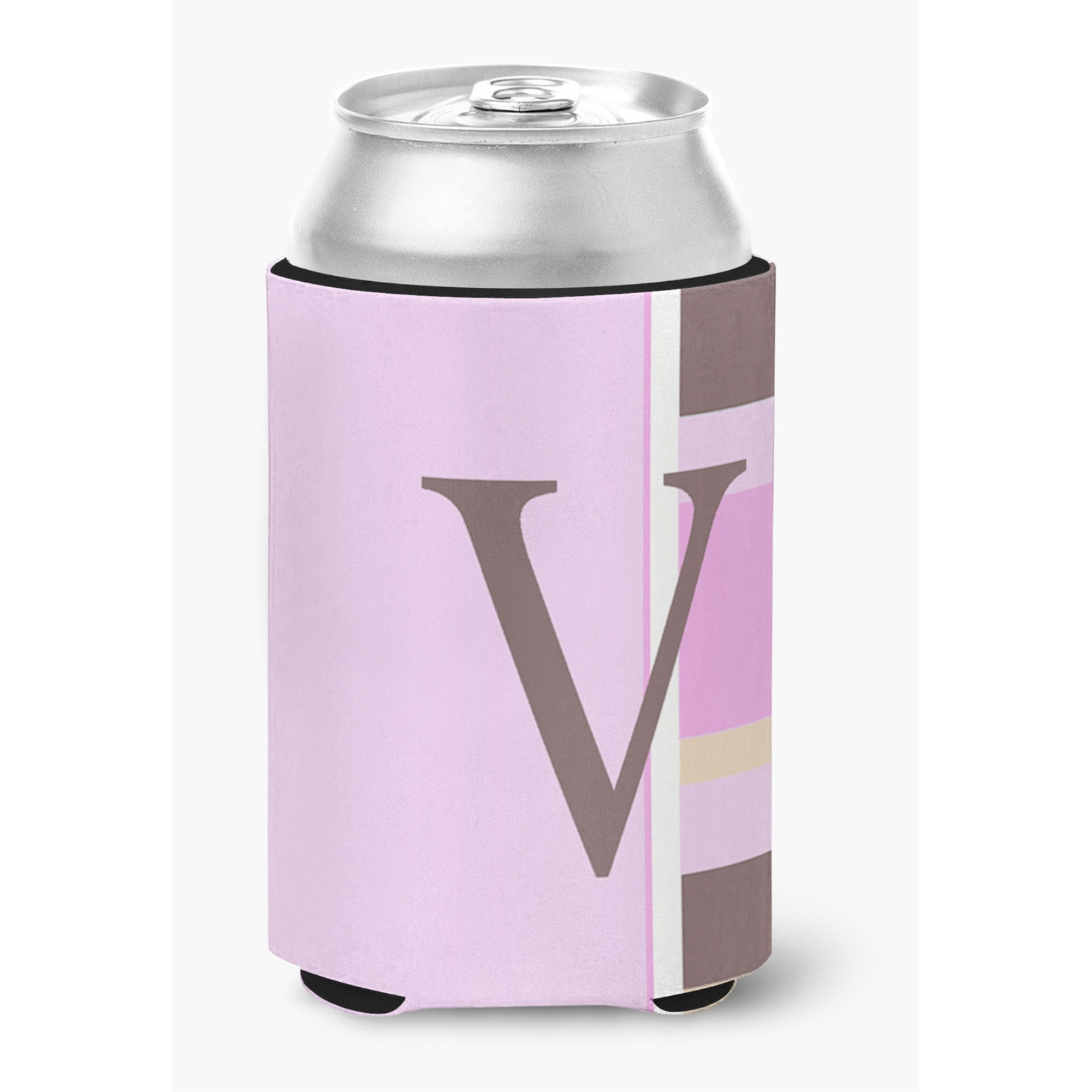 Letter V Initial Monogram - Pink Stripes Can or Bottle Beverage Insulator Hugger