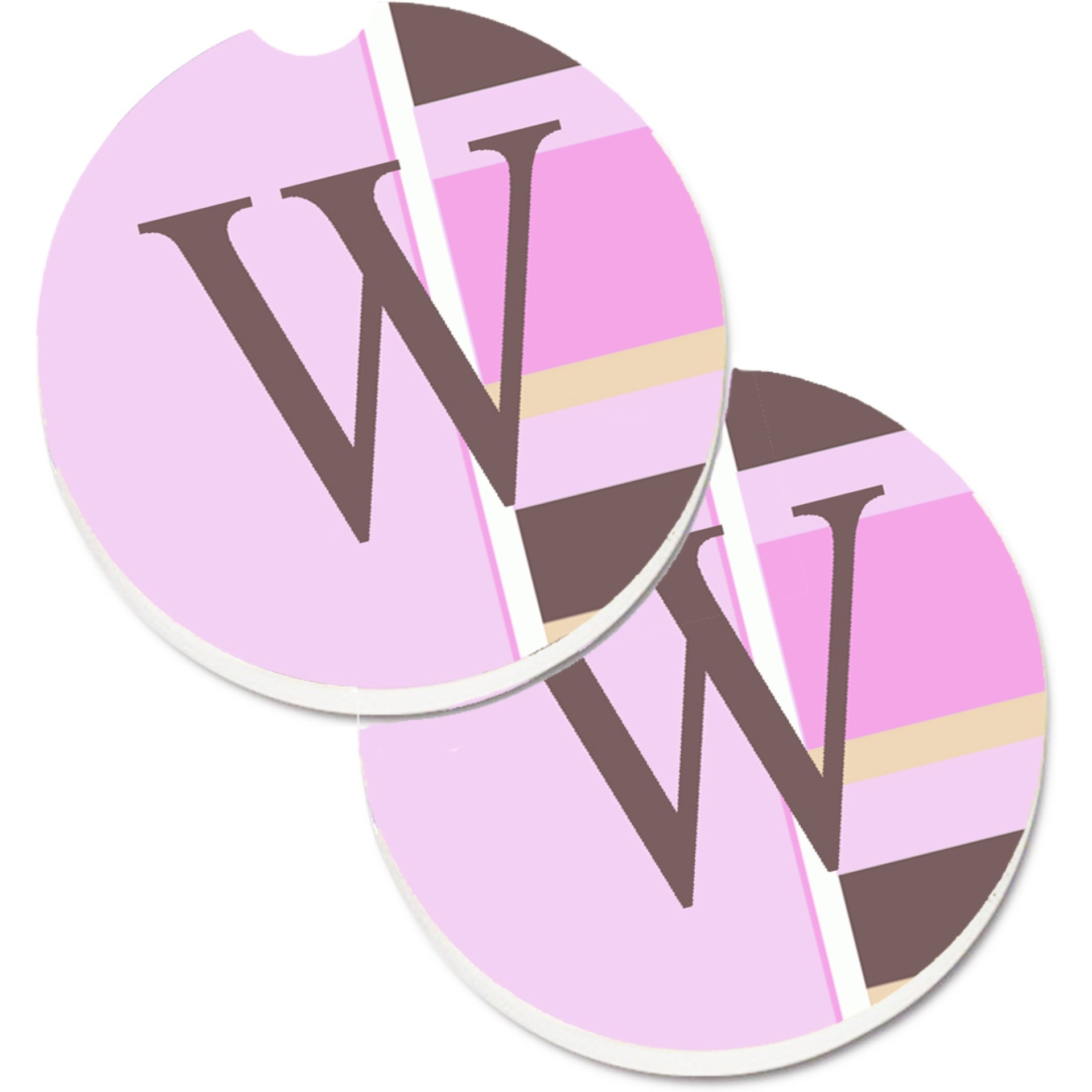 &quotCaroline's Treasures Letter W Initial Monogram - Pink Stripes Set of 2 Cup Holder Car Coasters CJ1005-WCARC, 2.56, Multicolor"