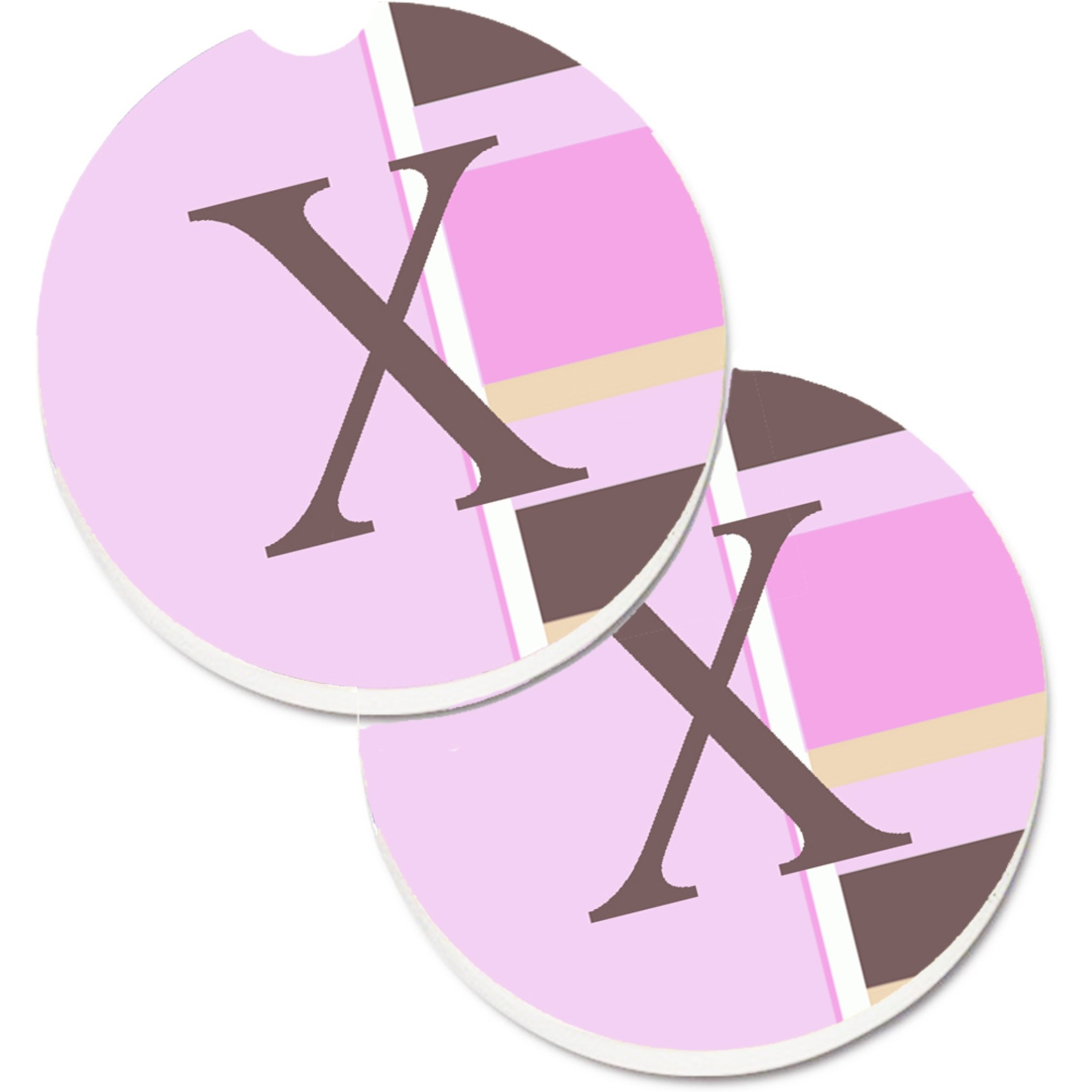 &quotCaroline's Treasures Letter x Initial Monogram - Pink Stripes Set of 2 Cup Holder Car Coasters CJ1005-XCARC, 2.56, Multicolor"
